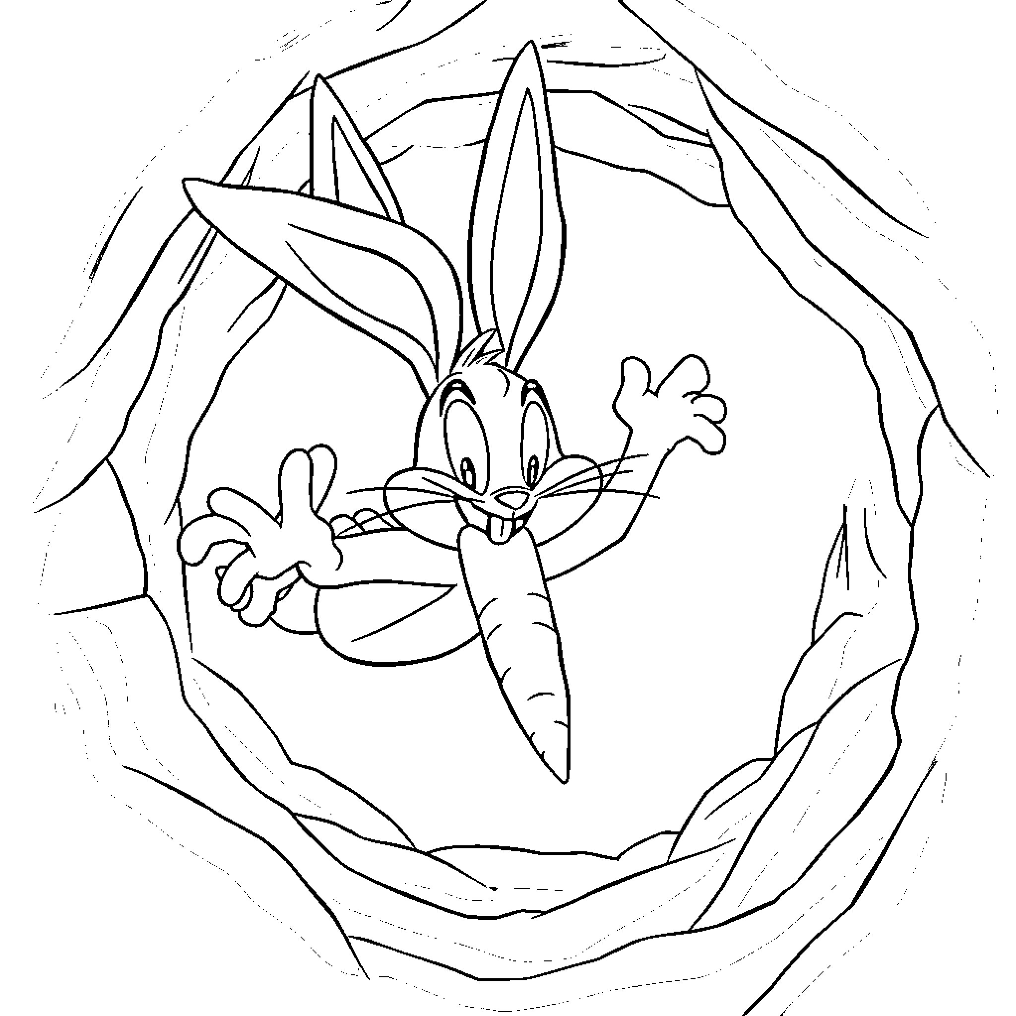 Bugs Bunny peeking out from a rocky cavern Coloring Page (free black-and-white line drawing printable PDF for all, from beginners to advanced learners, including children, teens, adults, and seniors)