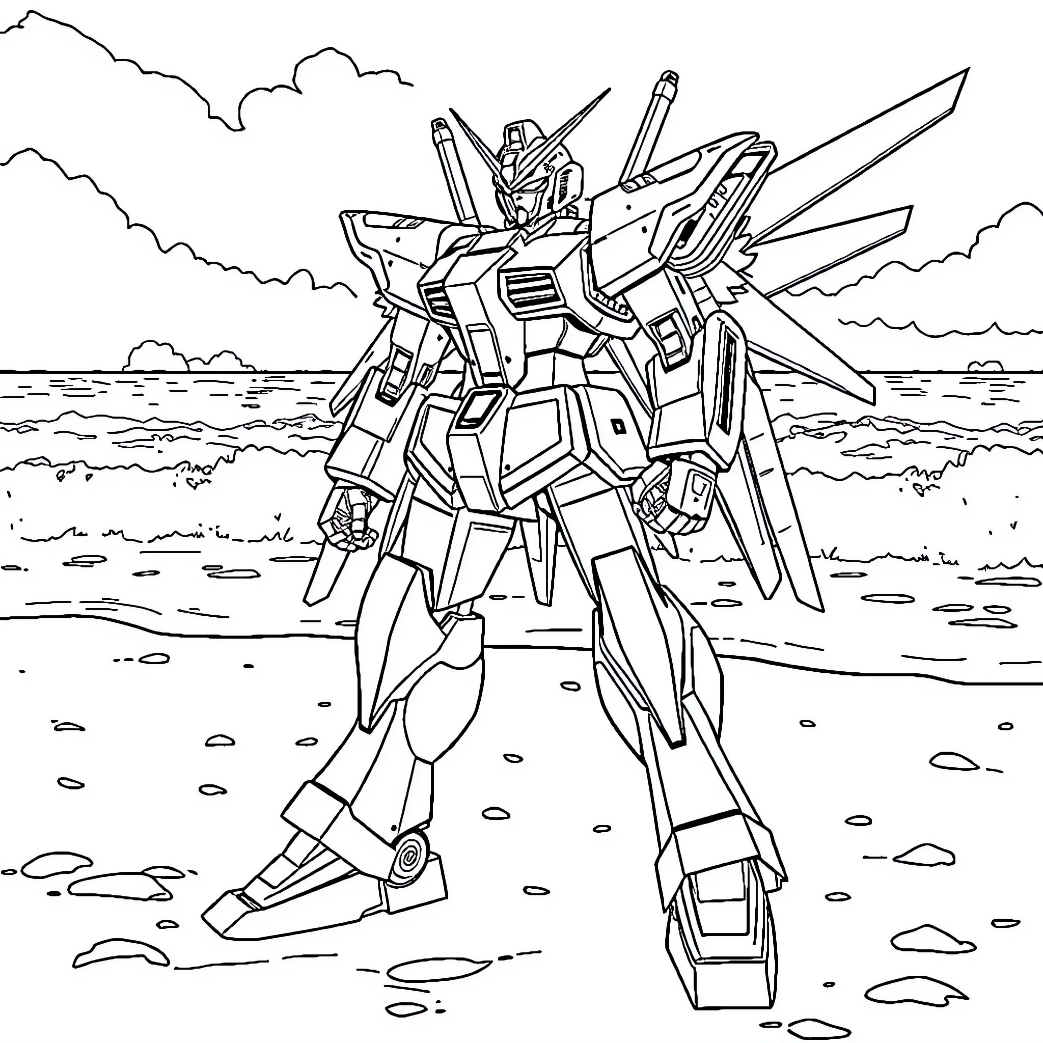 Wing Zero Gundam heroically standing in a battle-ready pose Coloring Page (free black-and-white line drawing printable PDF for all, from beginners to advanced learners, including children, teens, adults, and seniors)