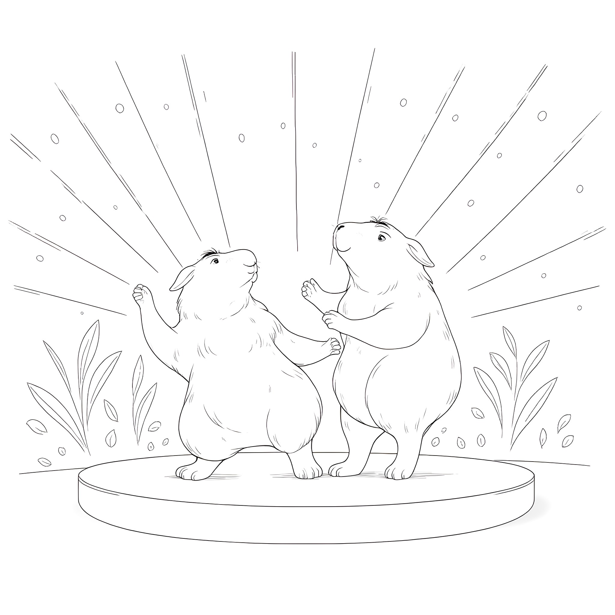 Capybara friends enjoying nature together Coloring Page (free black-and-white line drawing printable PDF for all, from beginners to advanced learners, including children, teens, adults, and seniors)