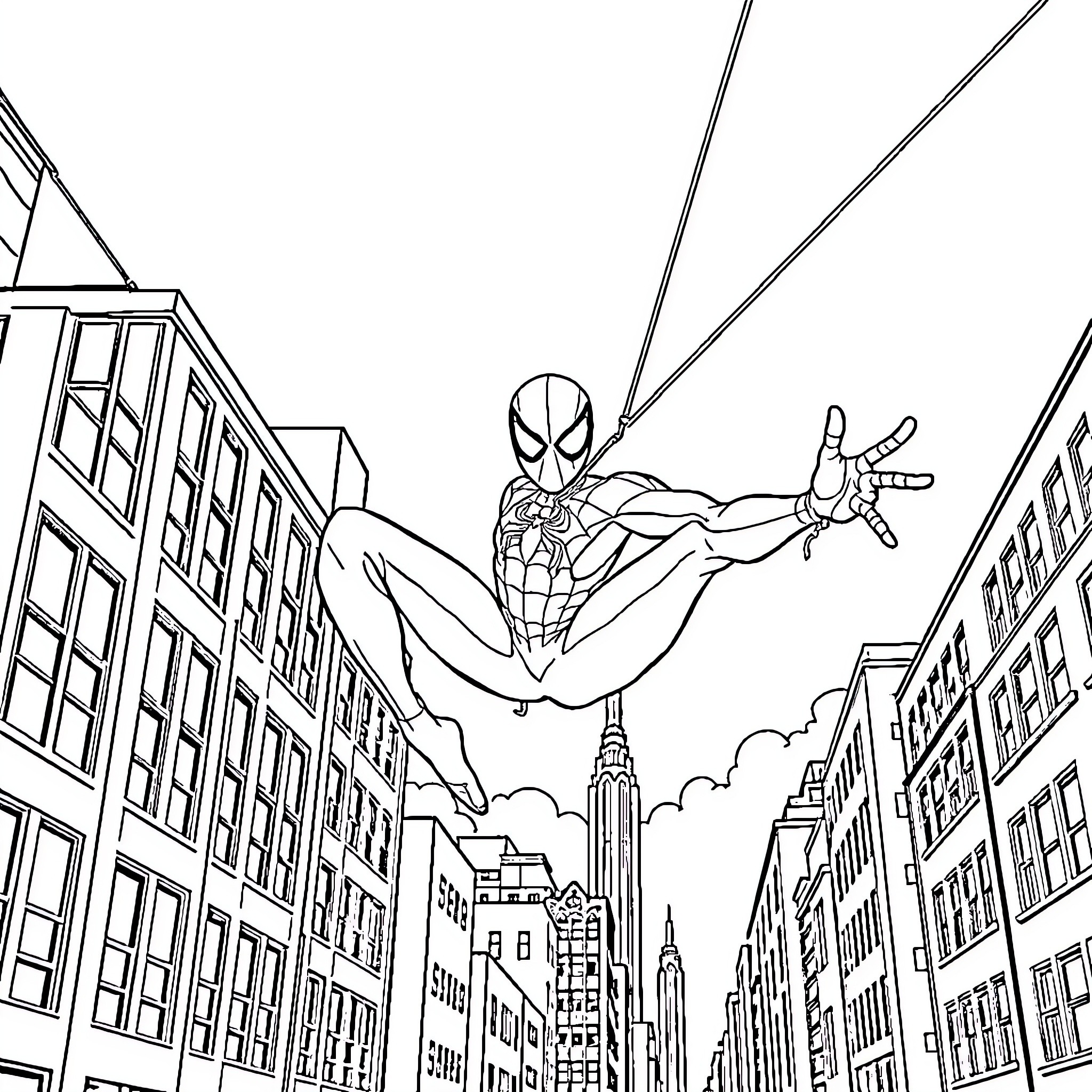Spidy swinging through the city skyline Coloring Page (free black-and-white line drawing printable PDF for all, from beginners to advanced learners, including children, teens, adults, and seniors)