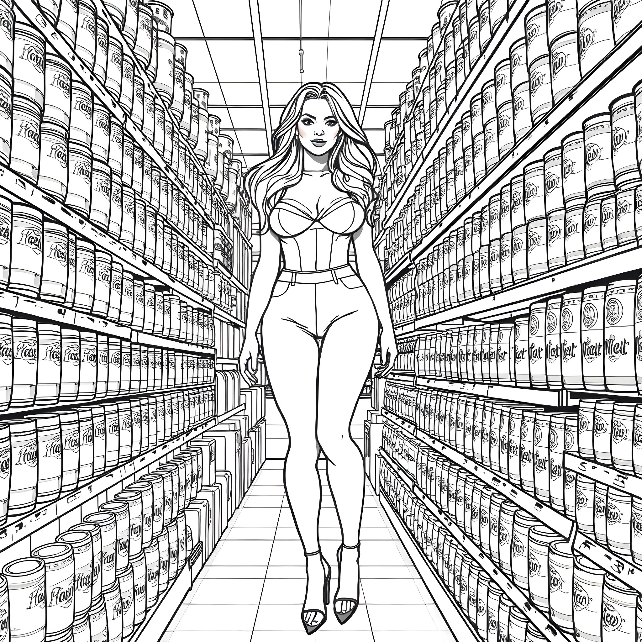 Supermodel strolls through the supermarket aisles Coloring Page (free black-and-white line drawing printable PDF for all, from beginners to advanced learners, including children, teens, adults, and seniors)