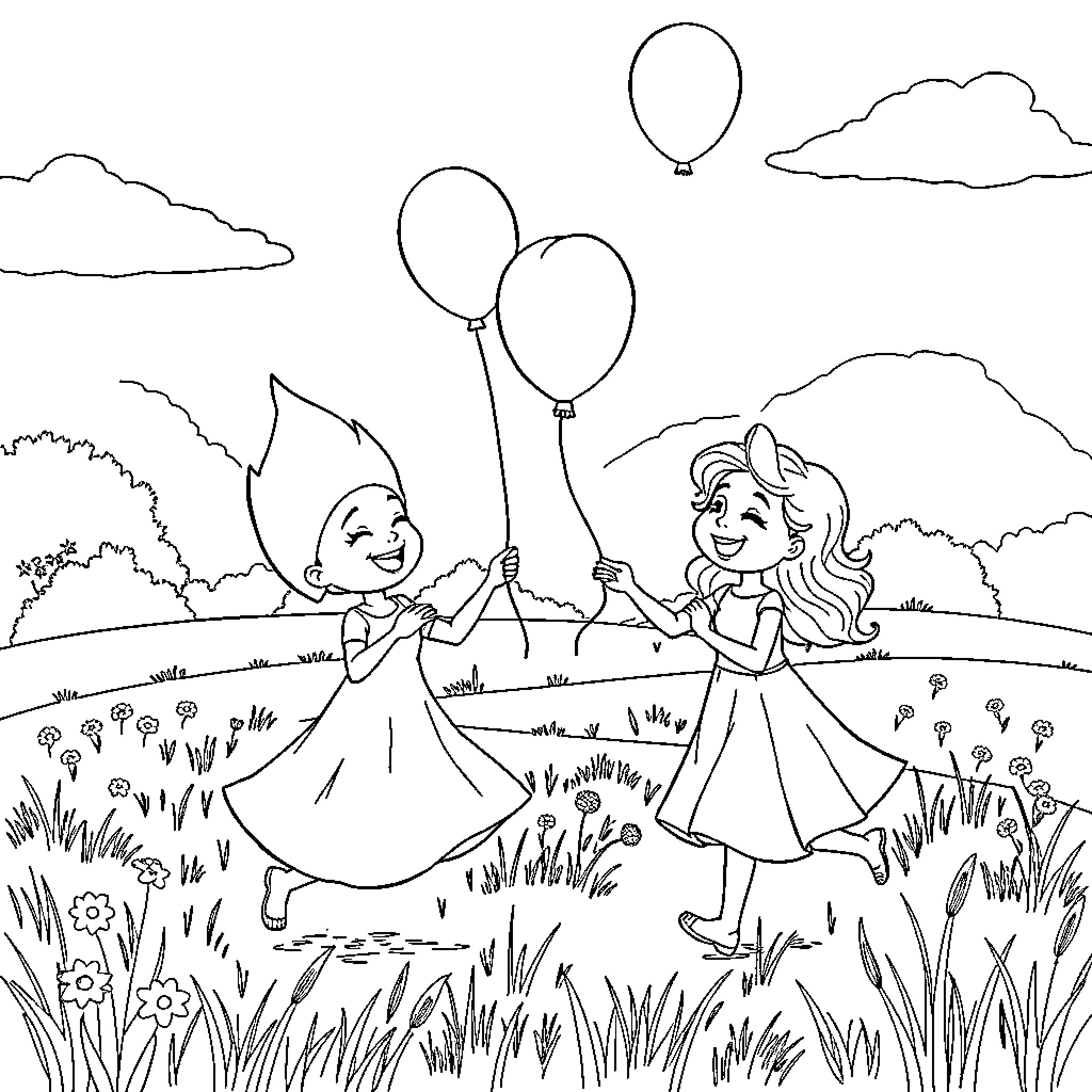Raiponce - Two friends playing with balloons in a meadow Coloring Page (free black-and-white line drawing printable PDF for all, from beginners to advanced learners, including children, teens, adults, and seniors)