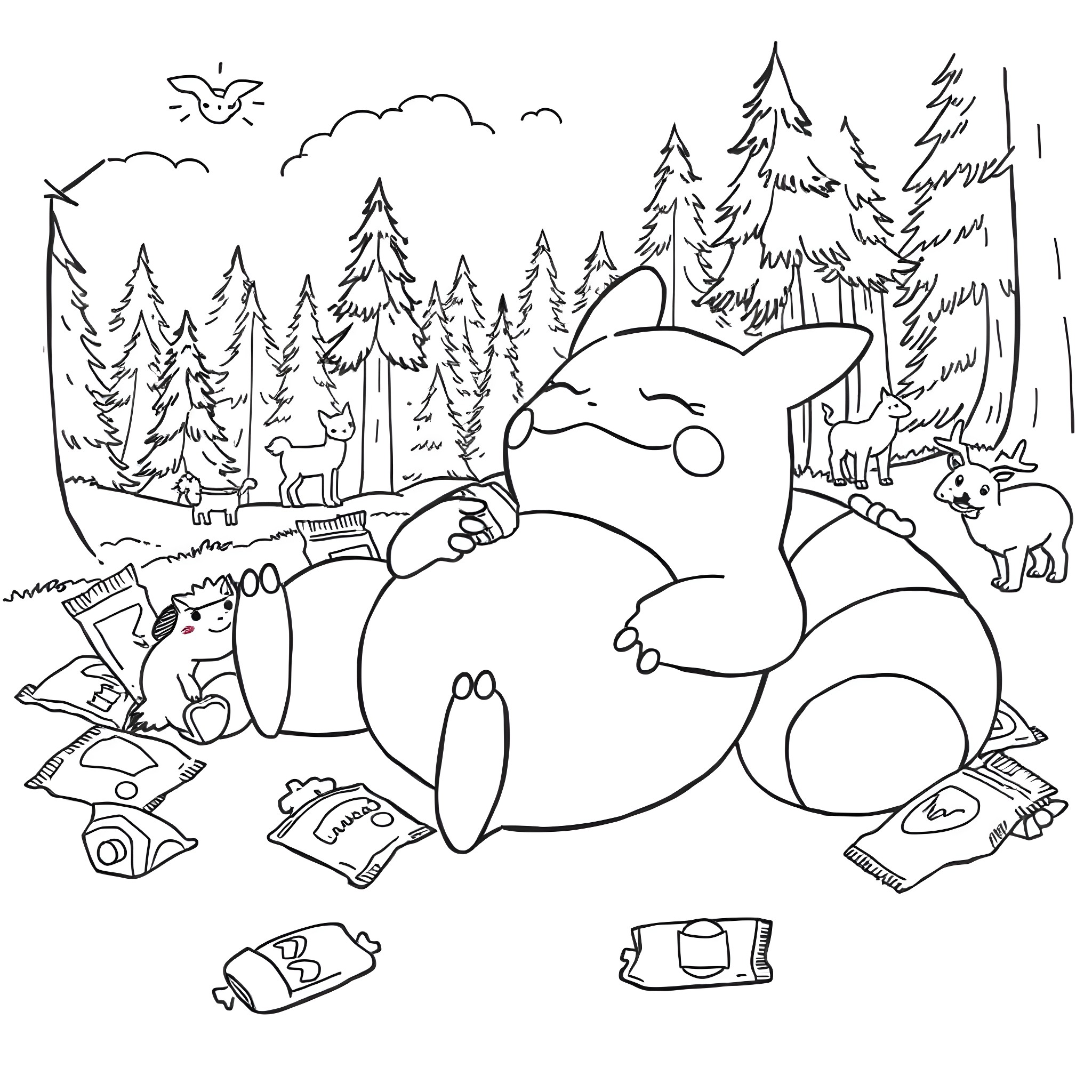 Snorlax relaxing in the forest Coloring Page (free black-and-white line drawing printable PDF for all, from beginners to advanced learners, including children, teens, adults, and seniors)