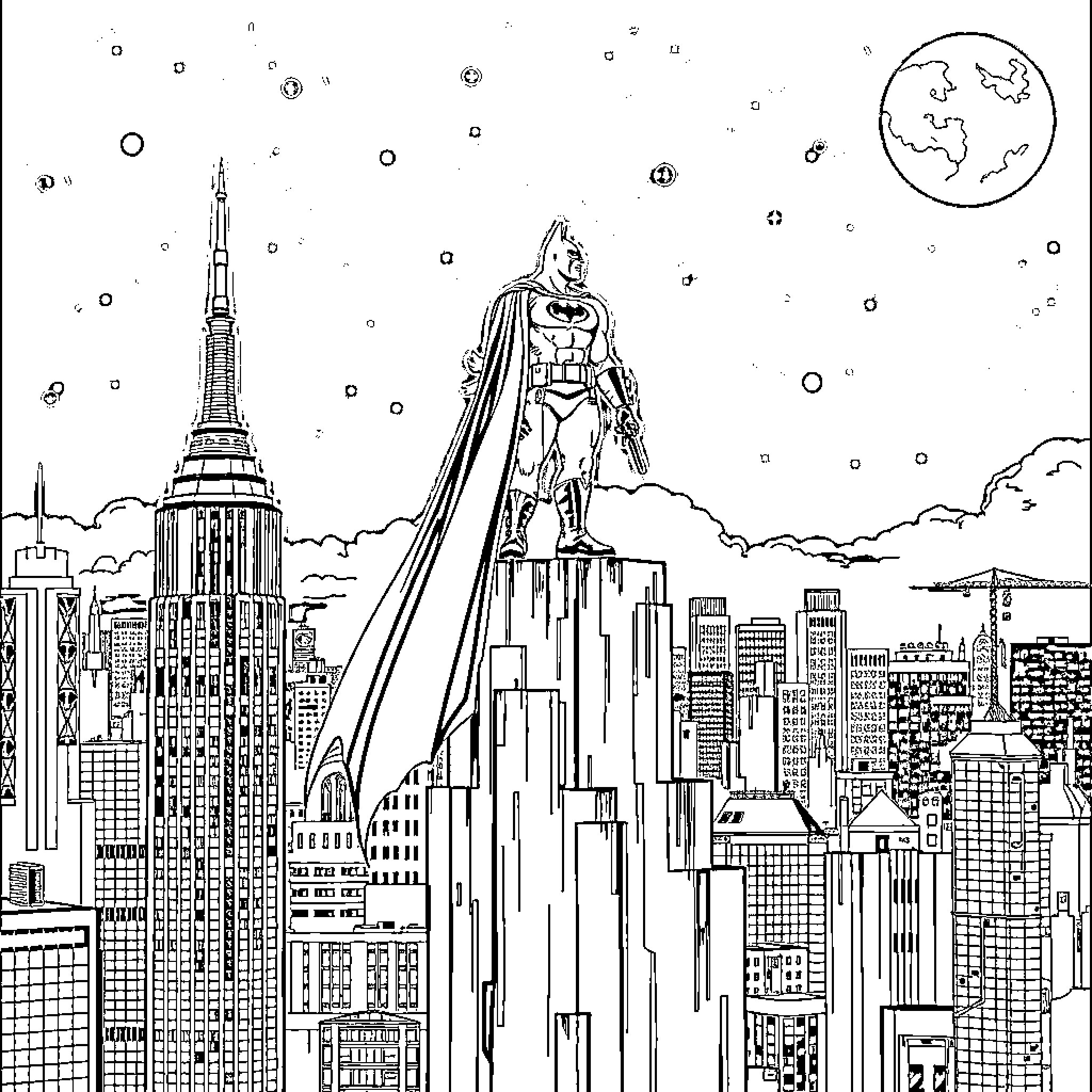 Batman overlooking the city skyline at night Coloring Page (free black-and-white line drawing printable PDF for all, from beginners to advanced learners, including children, teens, adults, and seniors)