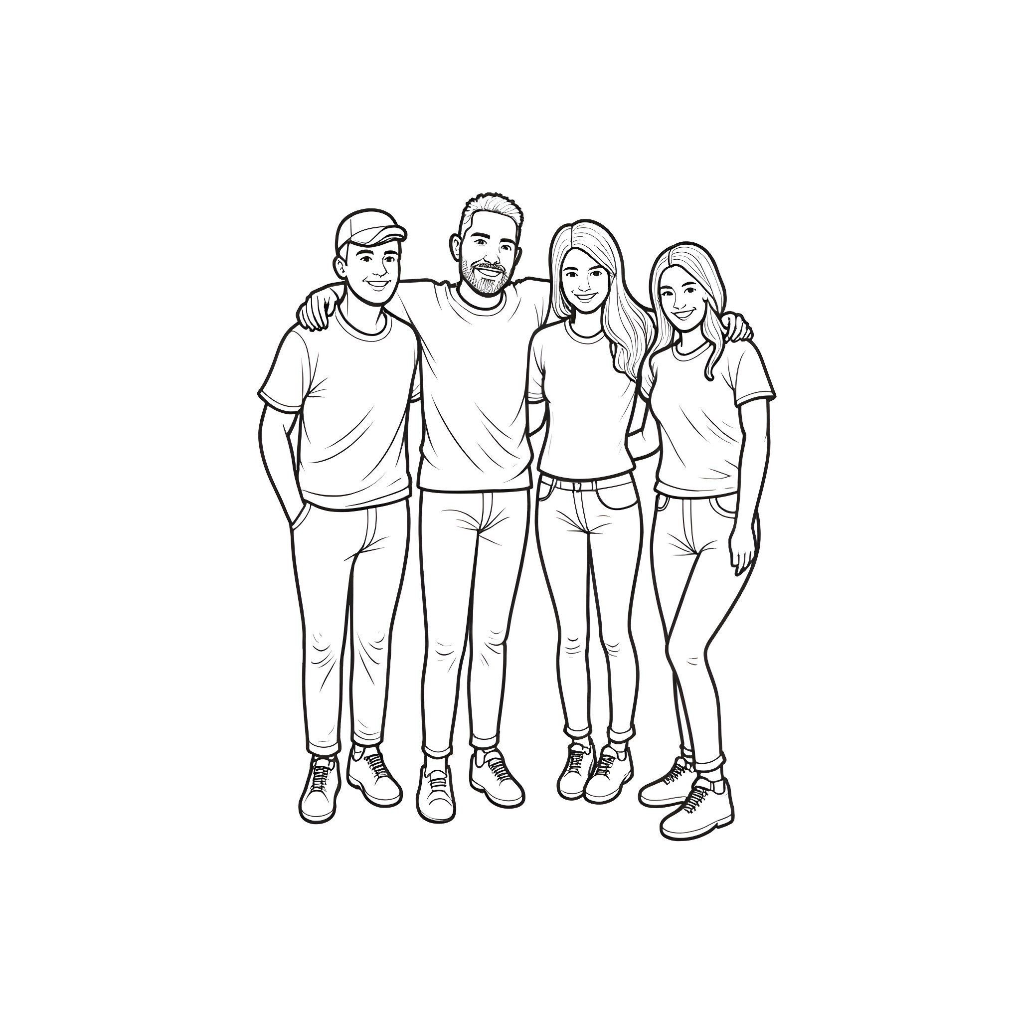 Friend's group portrait with casual outfits Coloring Page (free black-and-white line drawing printable PDF for all, from beginners to advanced learners, including children, teens, adults, and seniors)