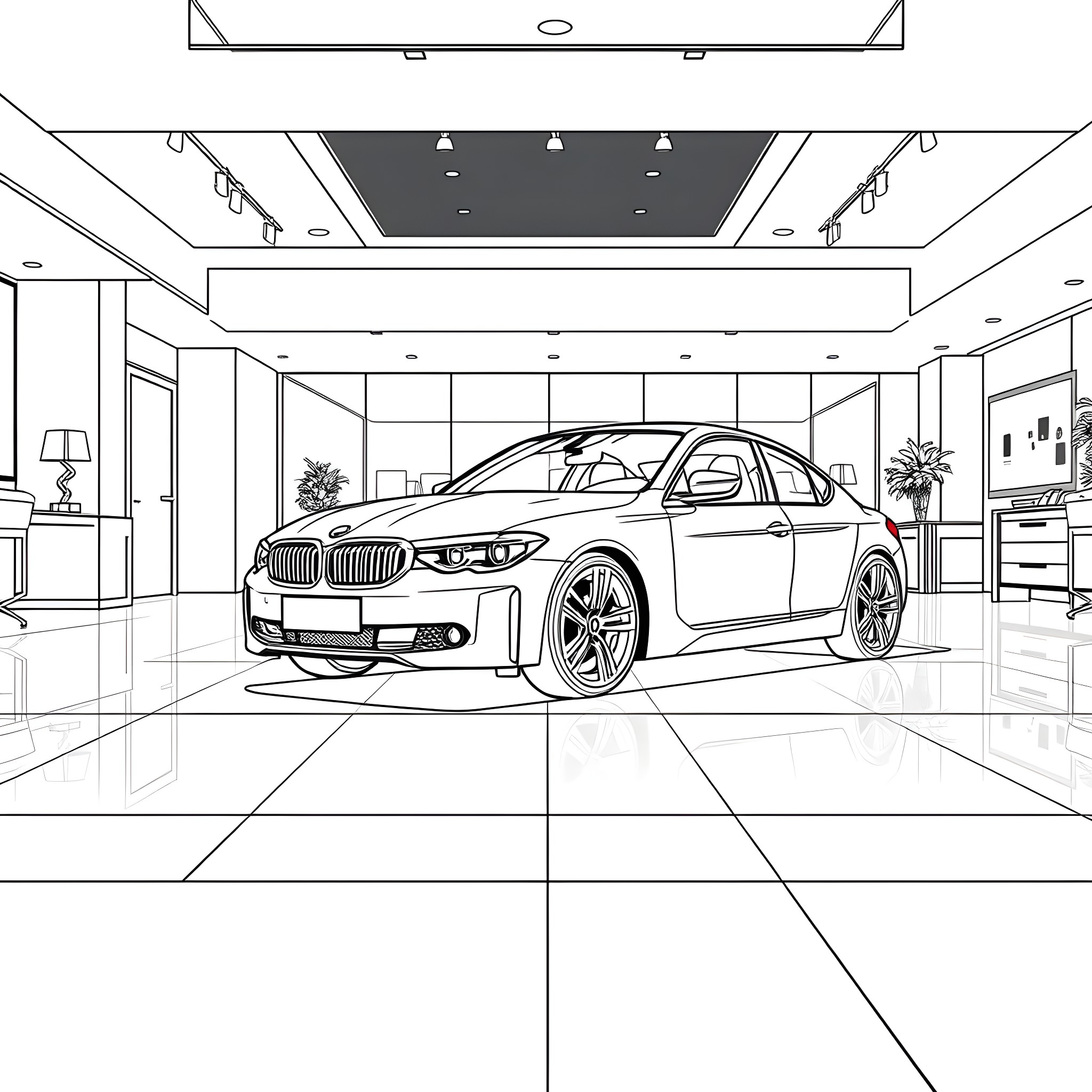 BMW luxury sedan displayed in showroom Coloring Page (free black-and-white line drawing printable PDF for all, from beginners to advanced learners, including children, teens, adults, and seniors)