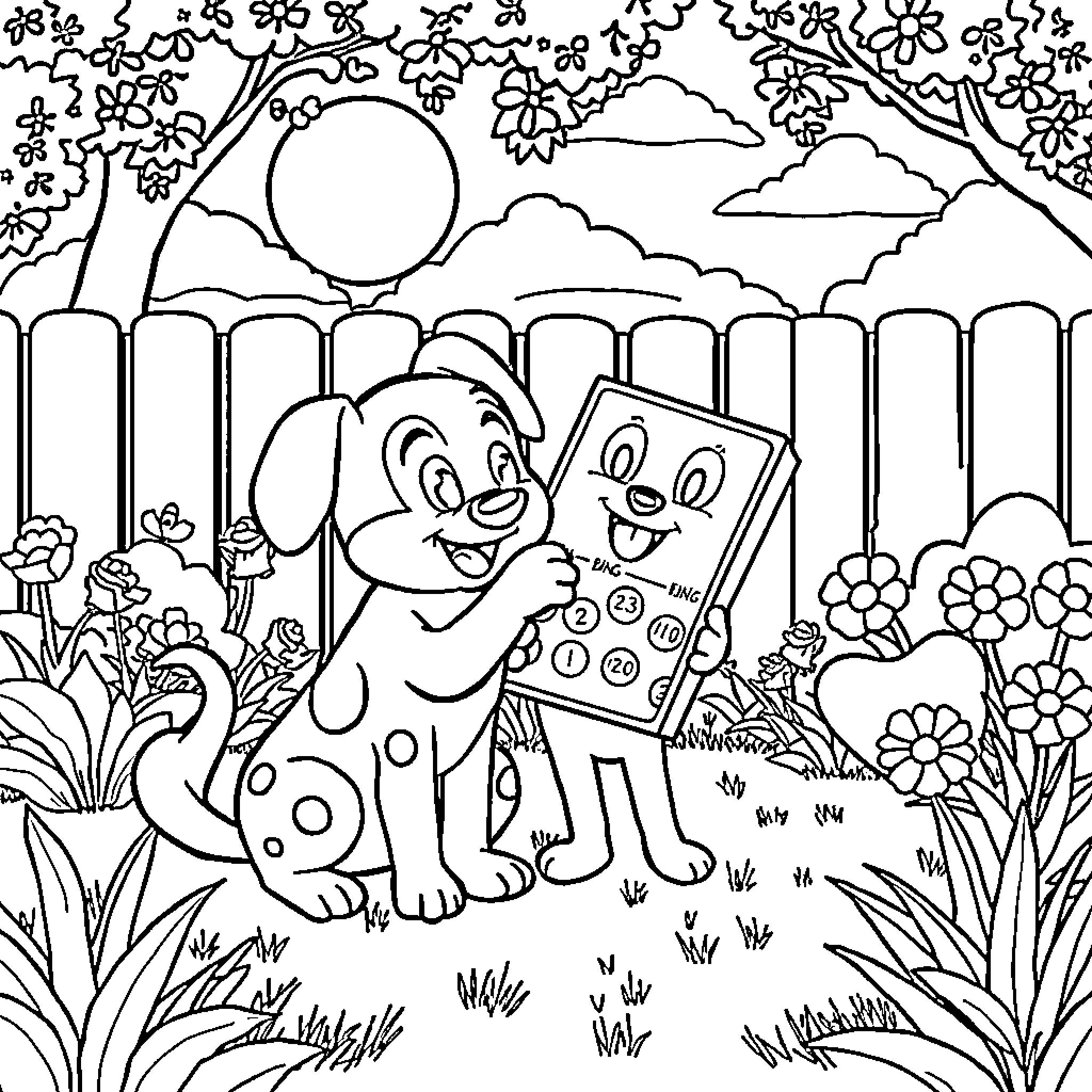 Bluey playing happily with friends in nature Coloring Page (free black-and-white line drawing printable PDF for all, from beginners to advanced learners, including children, teens, adults, and seniors)