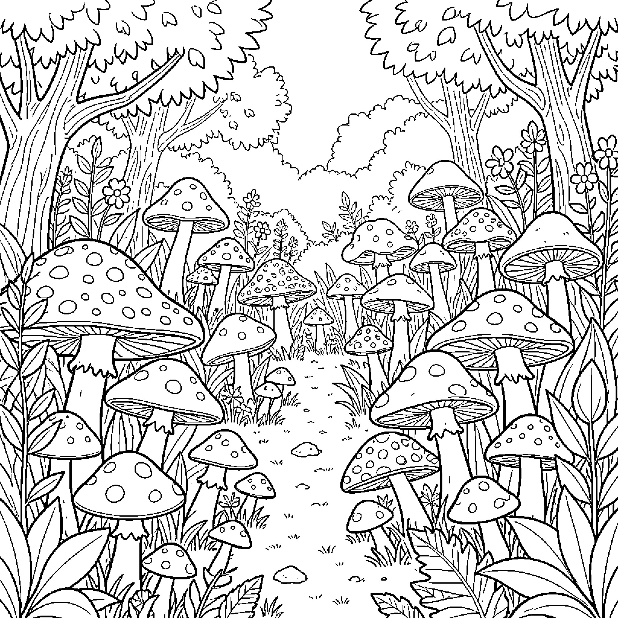 Mushroom forest with whimsical mushroom creatures Coloring Page (free black-and-white line drawing printable PDF for all, from beginners to advanced learners, including children, teens, adults, and seniors)