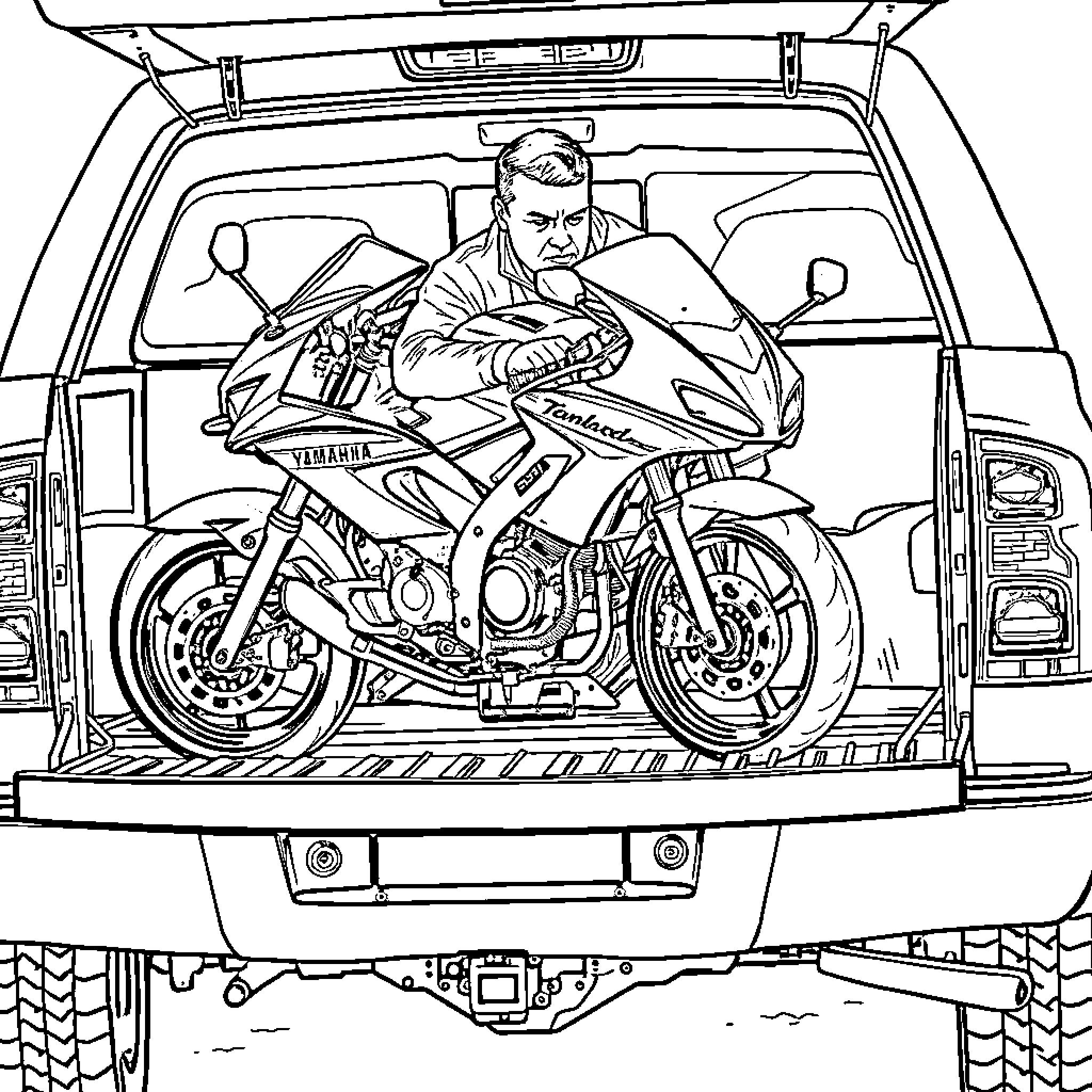 Motorcycle Rider Transporting Bike in Vehicle Coloring Page (free black-and-white line drawing printable PDF for all, from beginners to advanced learners, including children, teens, adults, and seniors)