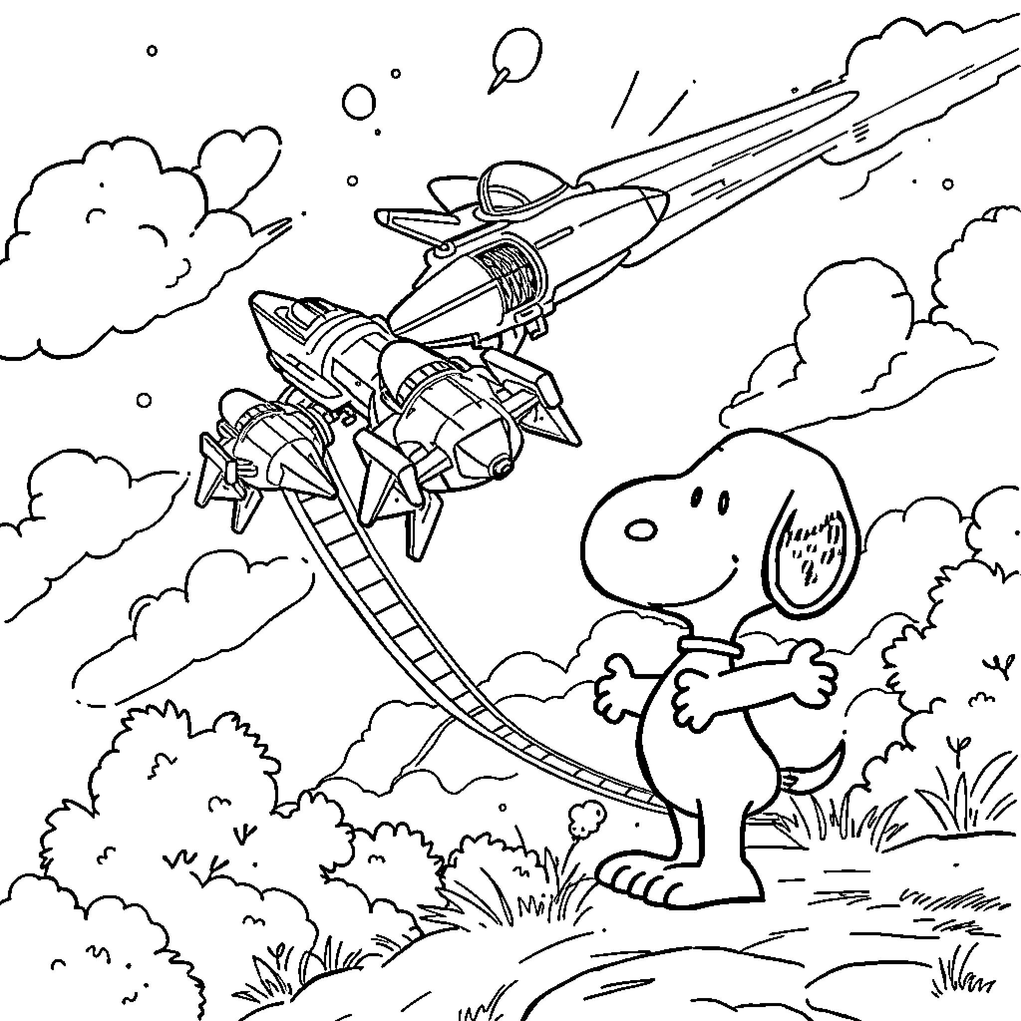 Spaceship rocketing through the sky above playful character Coloring Page (free black-and-white line drawing printable PDF for all, from beginners to advanced learners, including children, teens, adults, and seniors)
