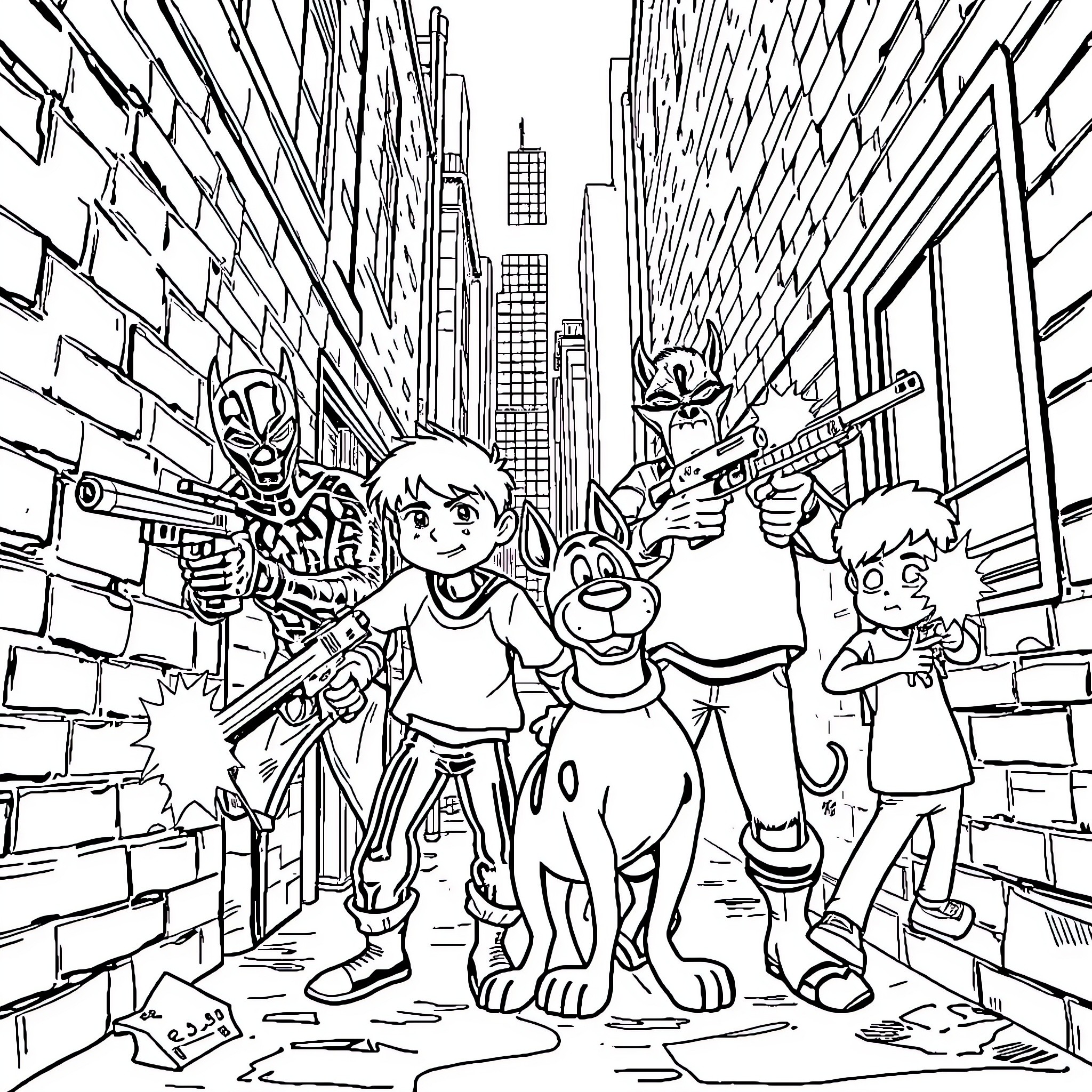 Black Panther and Friends in Heroic Action Coloring Page (free black-and-white line drawing printable PDF for all, from beginners to advanced learners, including children, teens, adults, and seniors)