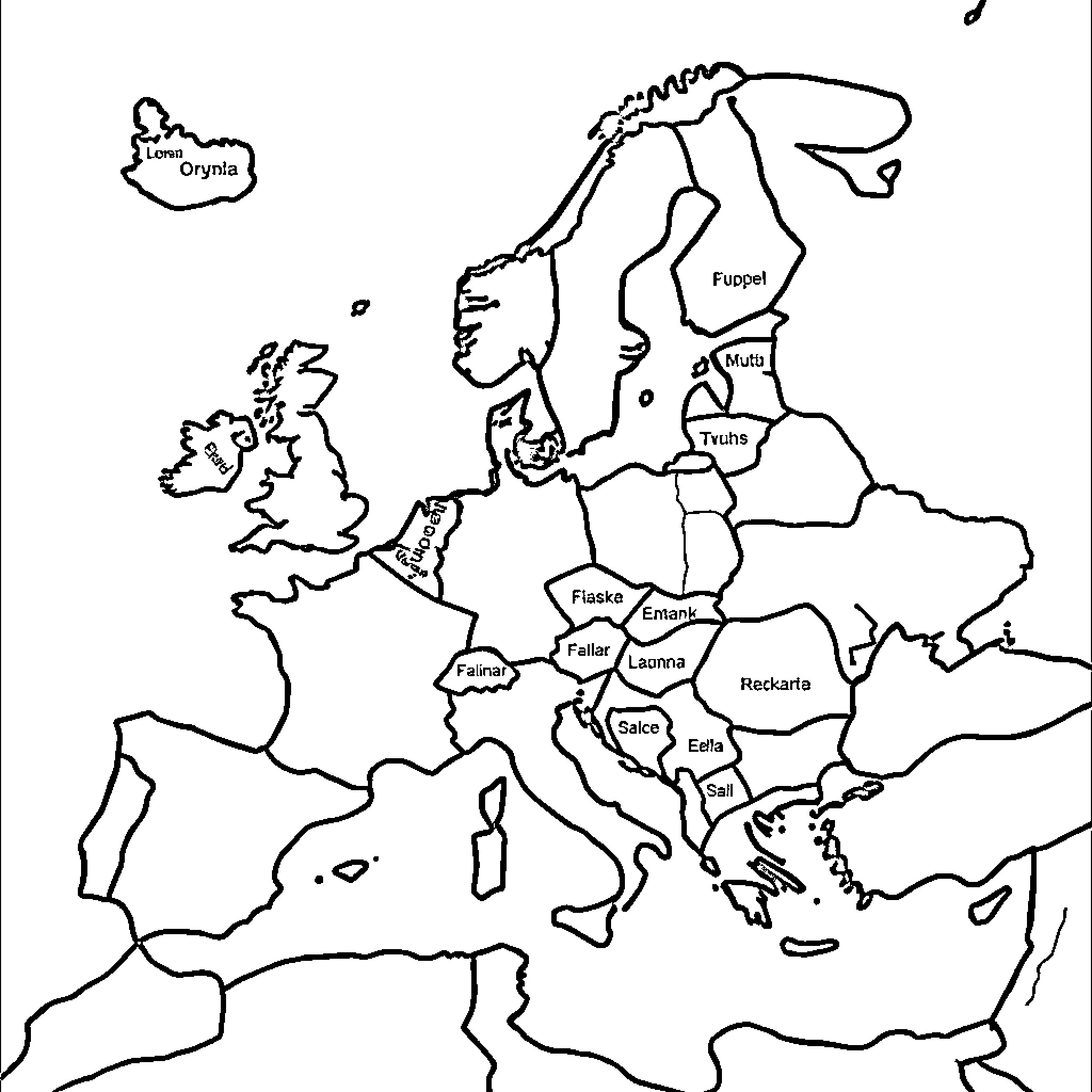 Map of European countries and regions Coloring Page (free black-and-white line drawing printable PDF for all, from beginners to advanced learners, including children, teens, adults, and seniors)