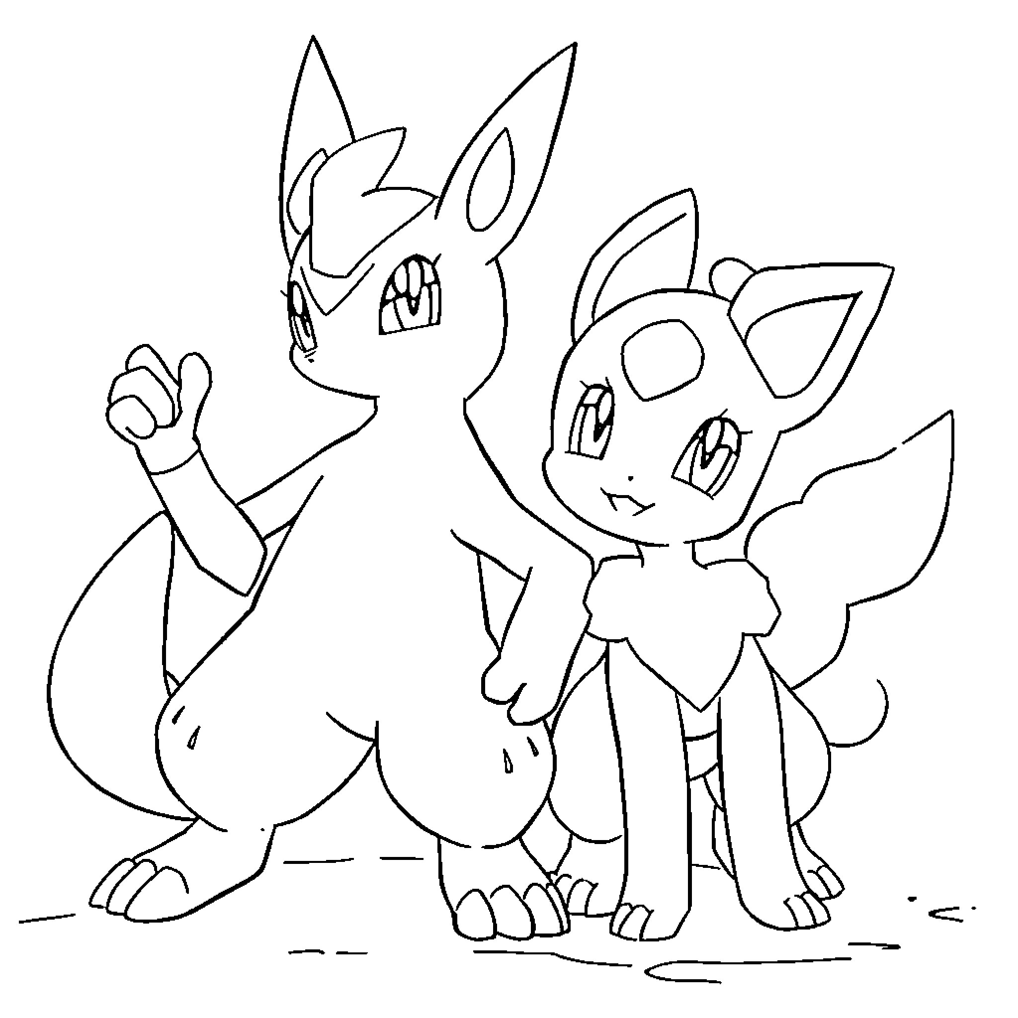 Lucario and Fennekin posing together Coloring Page (free black-and-white line drawing printable PDF for all, from beginners to advanced learners, including children, teens, adults, and seniors)