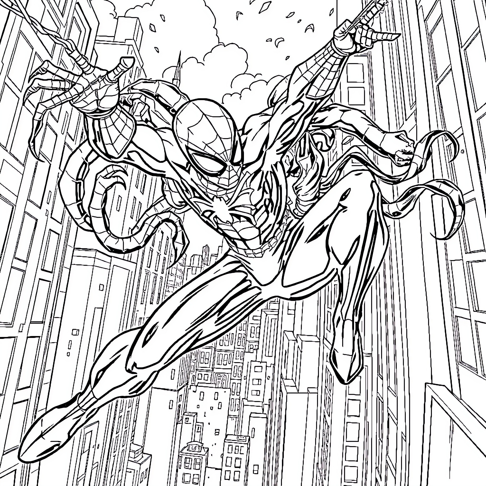 Spider-Man swinging through the city Coloring Page (free black-and-white line drawing printable PDF for all, from beginners to advanced learners, including children, teens, adults, and seniors)