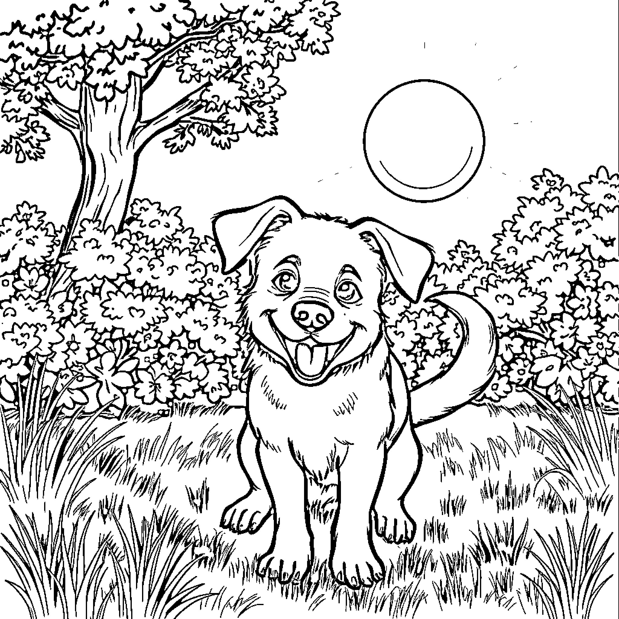 Dog enjoying a sunny day in the park Coloring Page (free black-and-white line drawing printable PDF for all, from beginners to advanced learners, including children, teens, adults, and seniors)