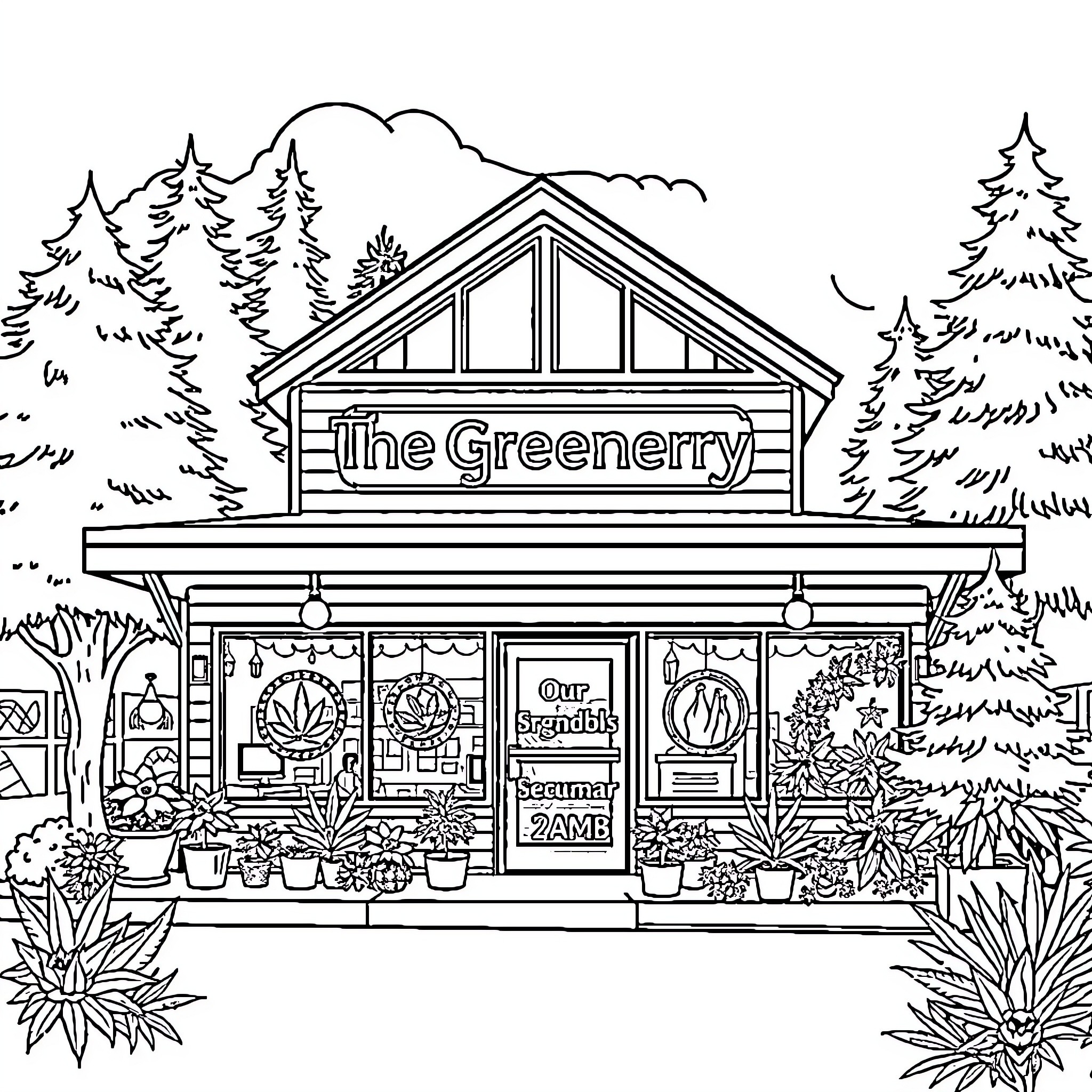 Cannabis shop in the woodland setting Coloring Page (free black-and-white line drawing printable PDF for all, from beginners to advanced learners, including children, teens, adults, and seniors)