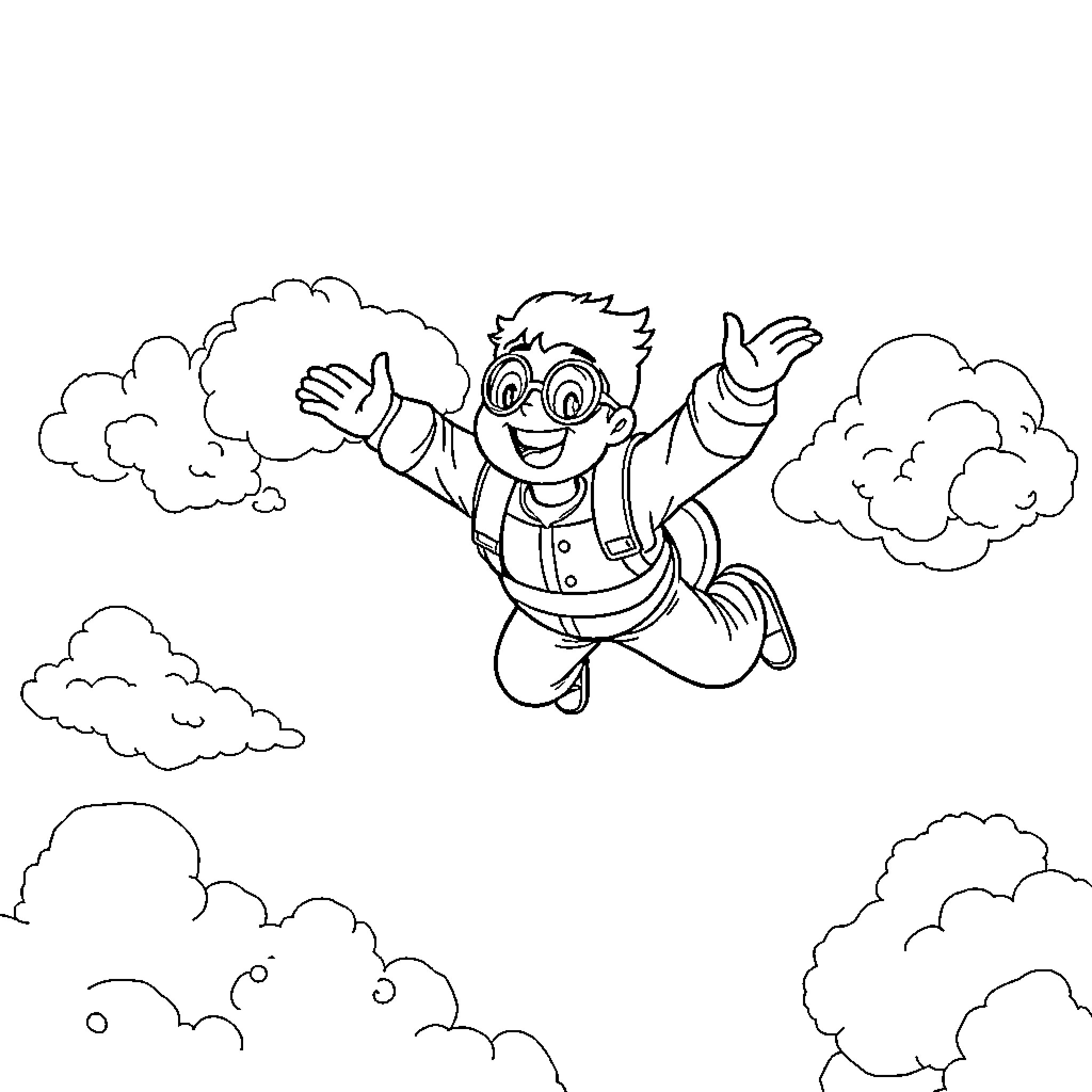 Bluey jumping with excitement in the clouds Coloring Page (free black-and-white line drawing printable PDF for all, from beginners to advanced learners, including children, teens, adults, and seniors)