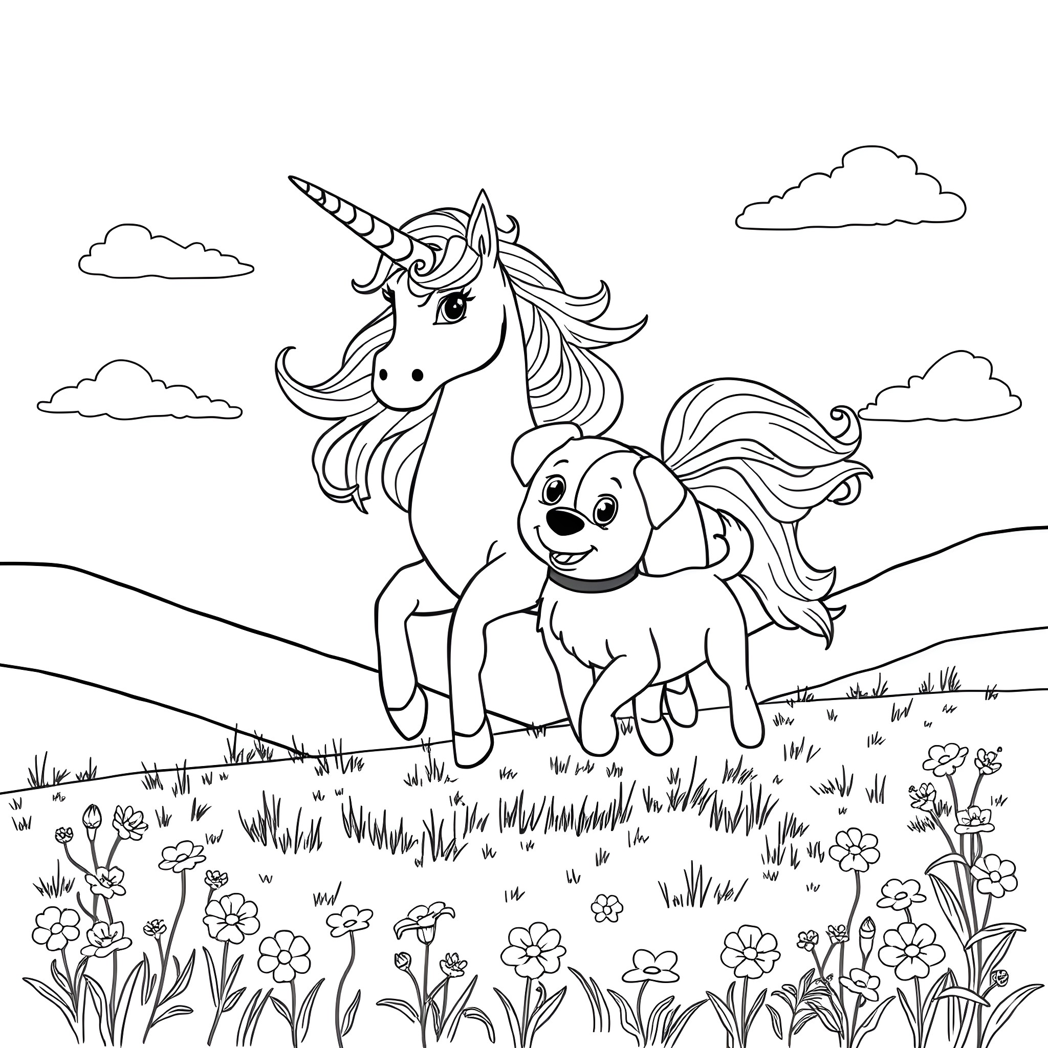 Unicorn and friendly dog playing in a field of flowers Coloring Page (free black-and-white line drawing printable PDF for all, from beginners to advanced learners, including children, teens, adults, and seniors)