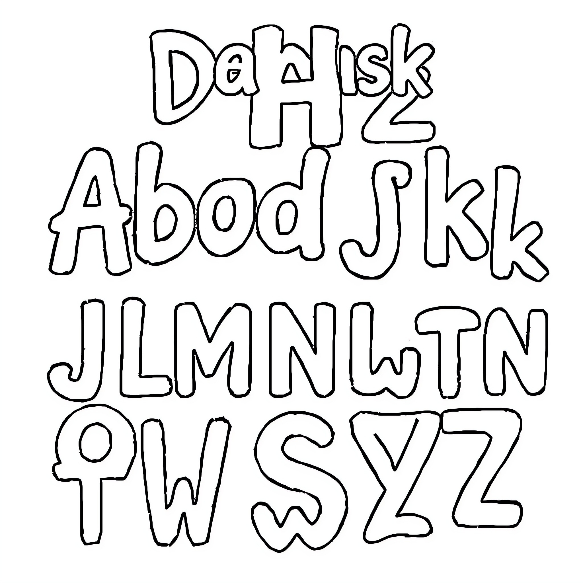 Danish Alphabet Letters in Playful Style Coloring Page (free black-and-white line drawing printable PDF for all, from beginners to advanced learners, including children, teens, adults, and seniors)