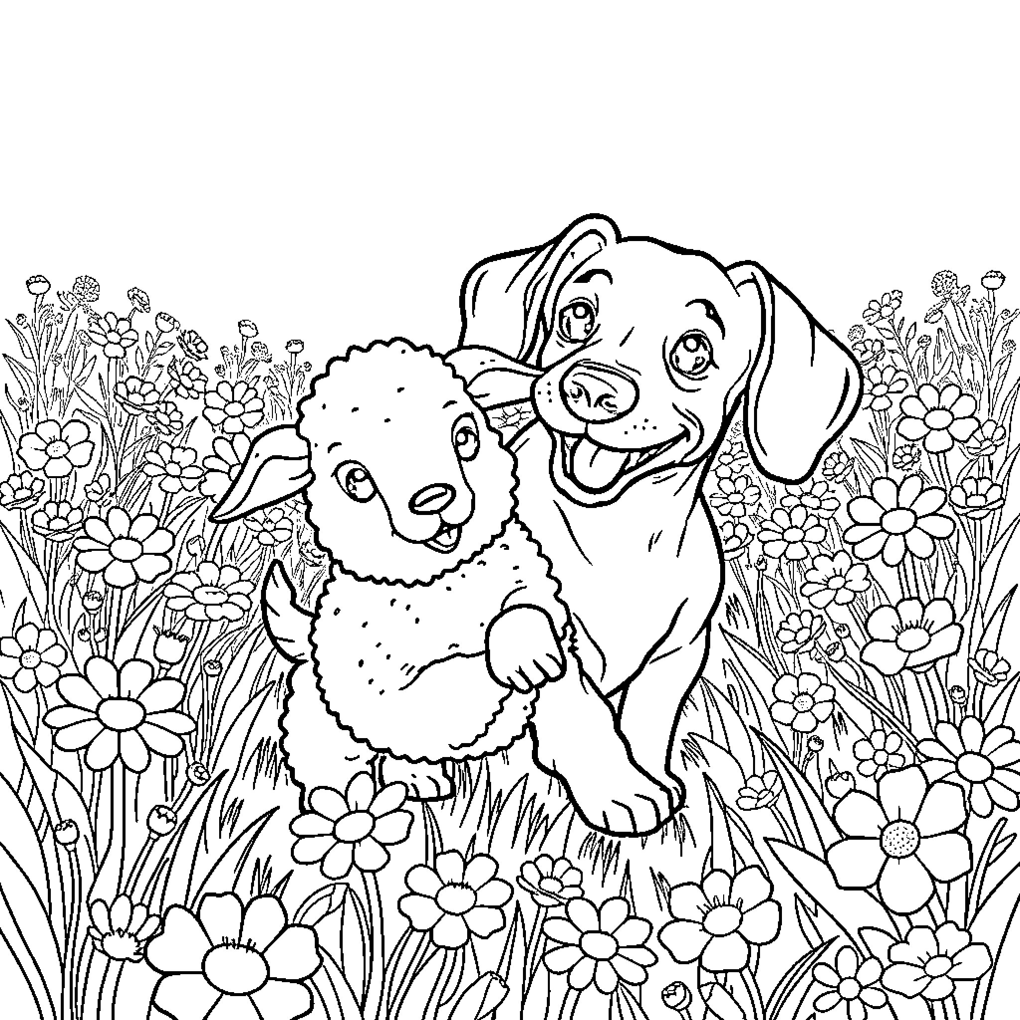 Dachshund puppies playing in a garden Coloring Page (free black-and-white line drawing printable PDF for all, from beginners to advanced learners, including children, teens, adults, and seniors)