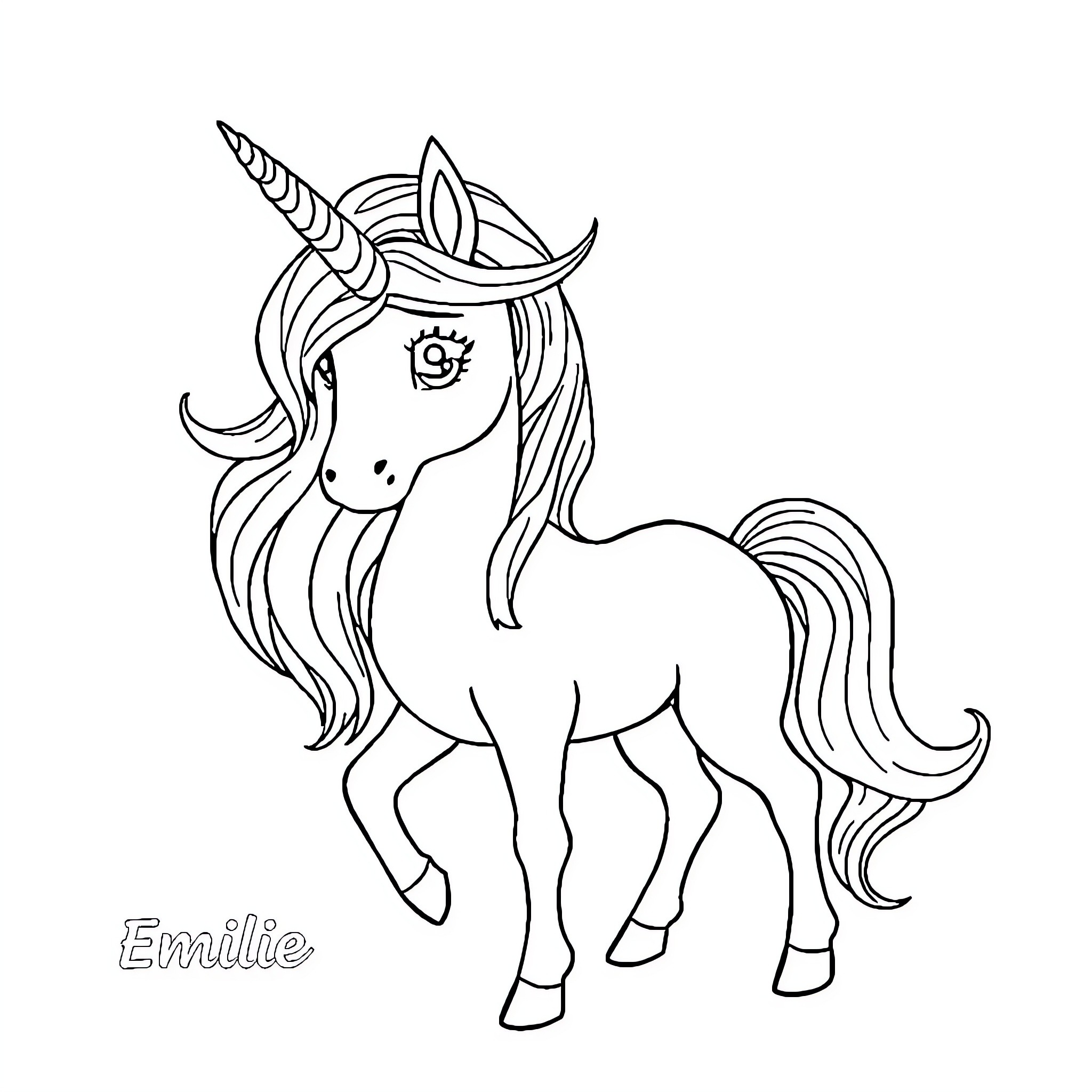 Unicorn with flowing mane and horn Coloring Page (free black-and-white line drawing printable PDF for all, from beginners to advanced learners, including children, teens, adults, and seniors)