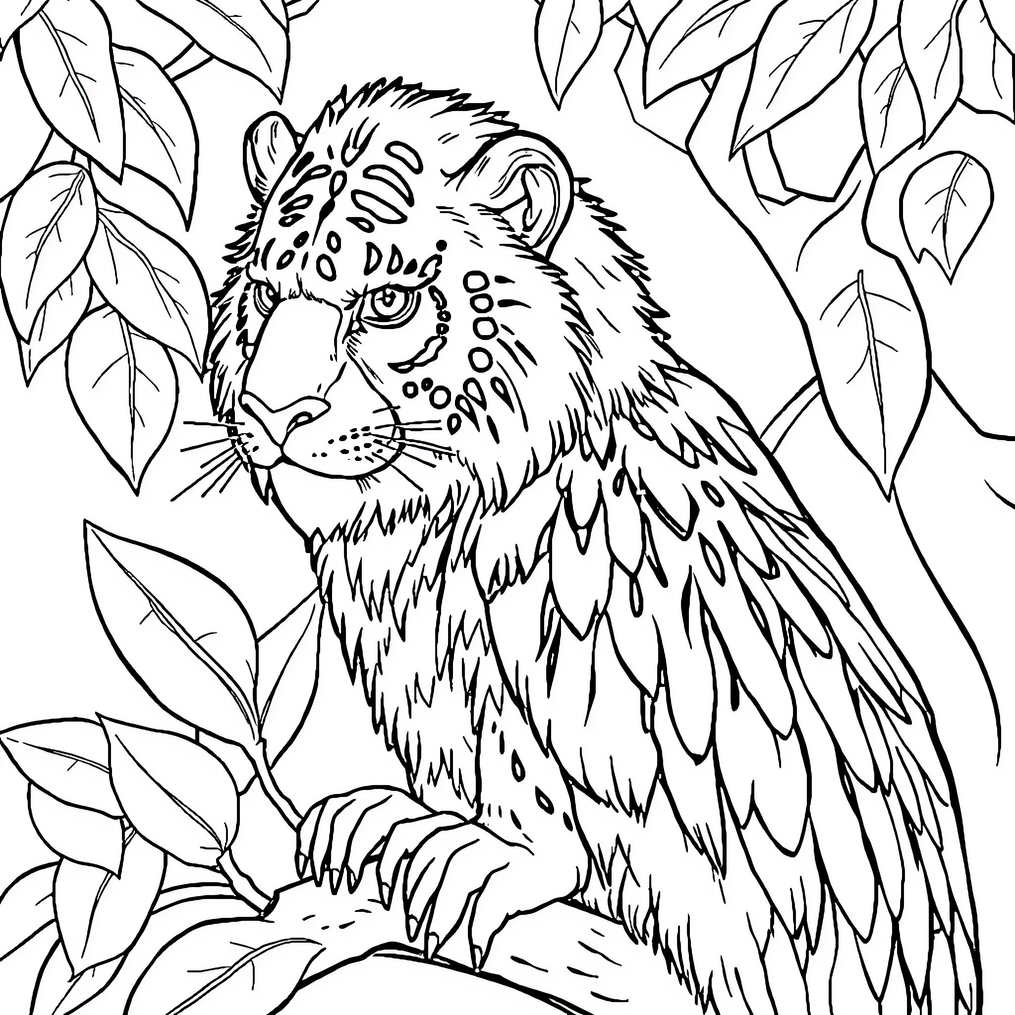 Animal in forest with leaves Coloring Page (free black-and-white line drawing printable PDF for all, from beginners to advanced learners, including children, teens, adults, and seniors)