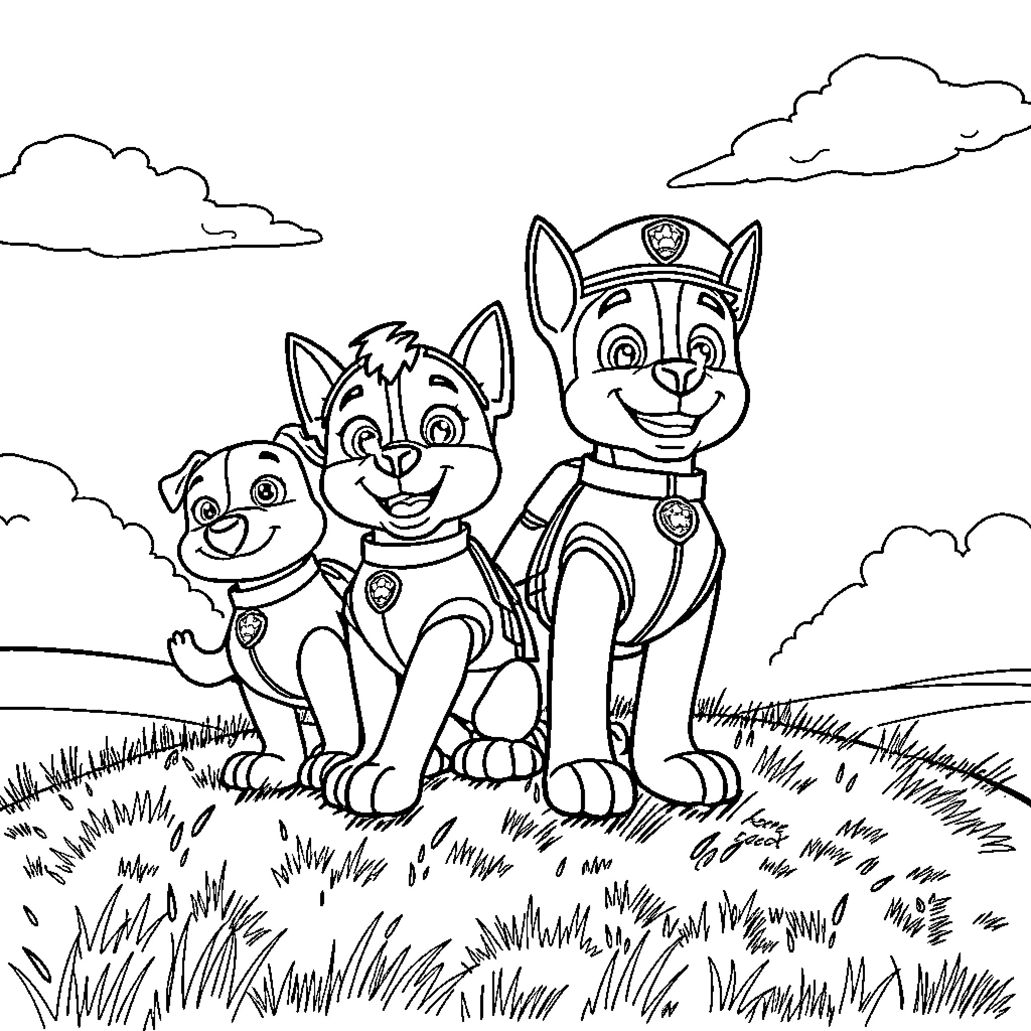 Paw Patrol pups on grassy field Coloring Page (free black-and-white line drawing printable PDF for all, from beginners to advanced learners, including children, teens, adults, and seniors)