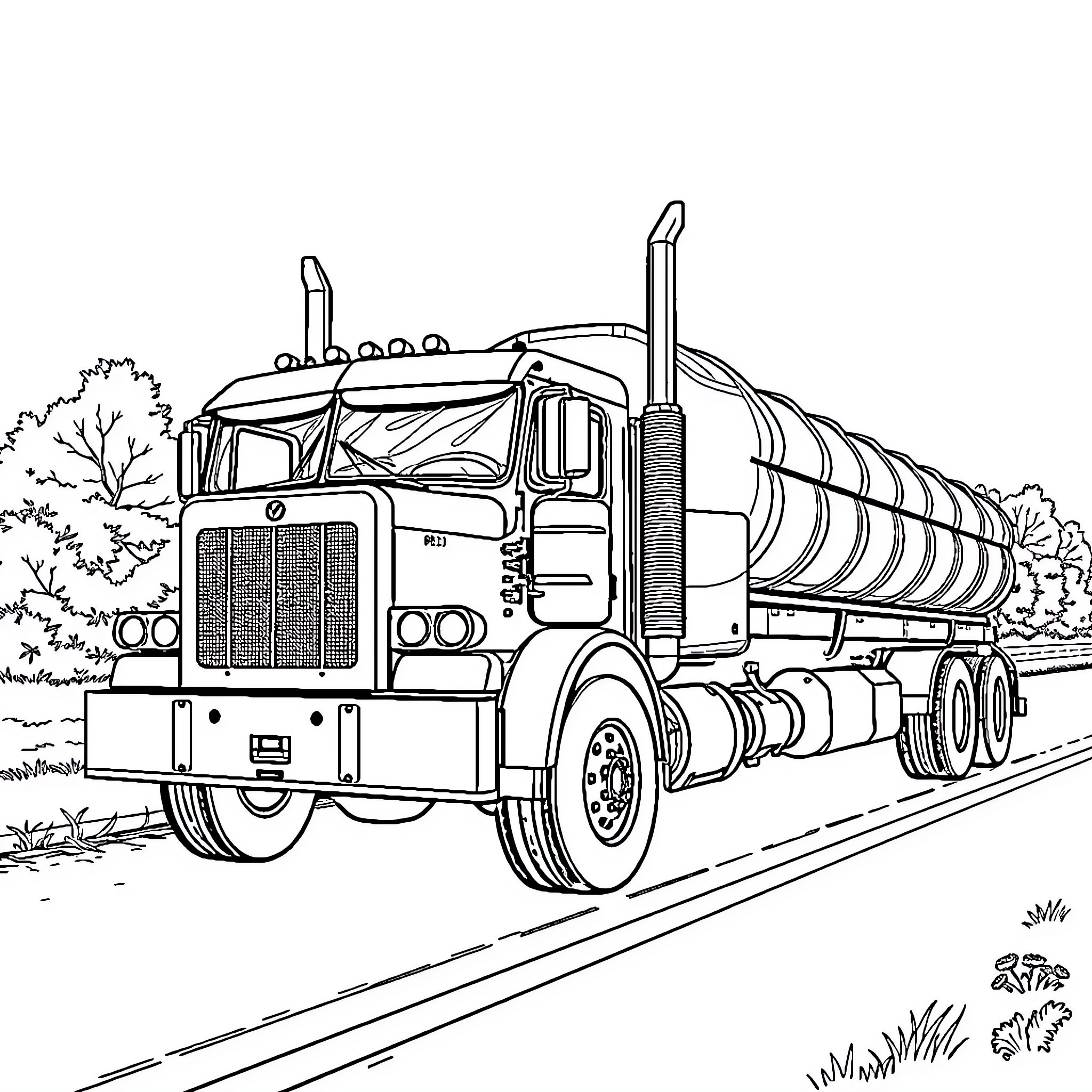 Dually Truck Transporting Cargo on the Road Coloring Page (free black-and-white line drawing printable PDF for all, from beginners to advanced learners, including children, teens, adults, and seniors)