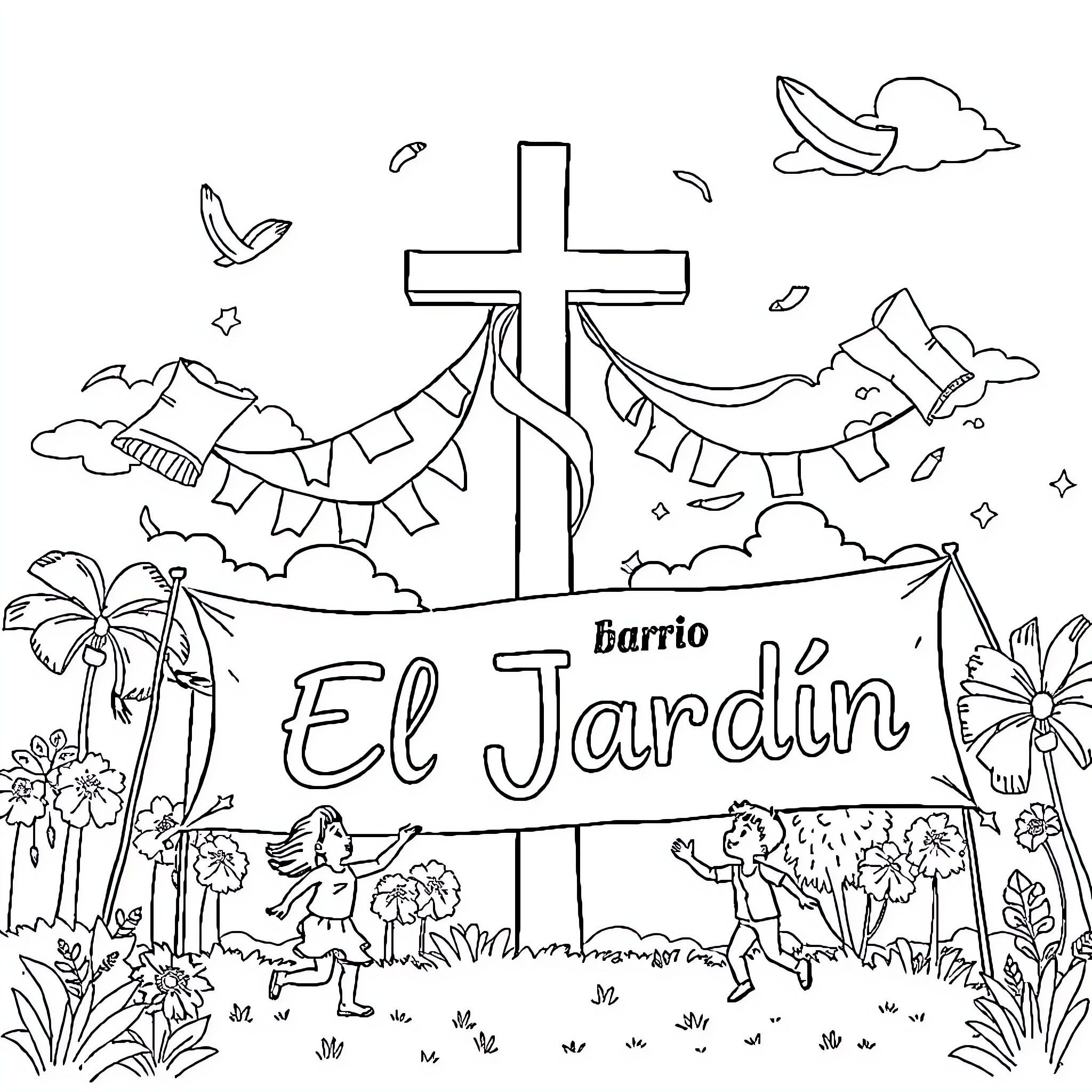Cruz's Spiritual Journey in the Vibrant Barrio Coloring Page (free black-and-white line drawing printable PDF for all, from beginners to advanced learners, including children, teens, adults, and seniors)