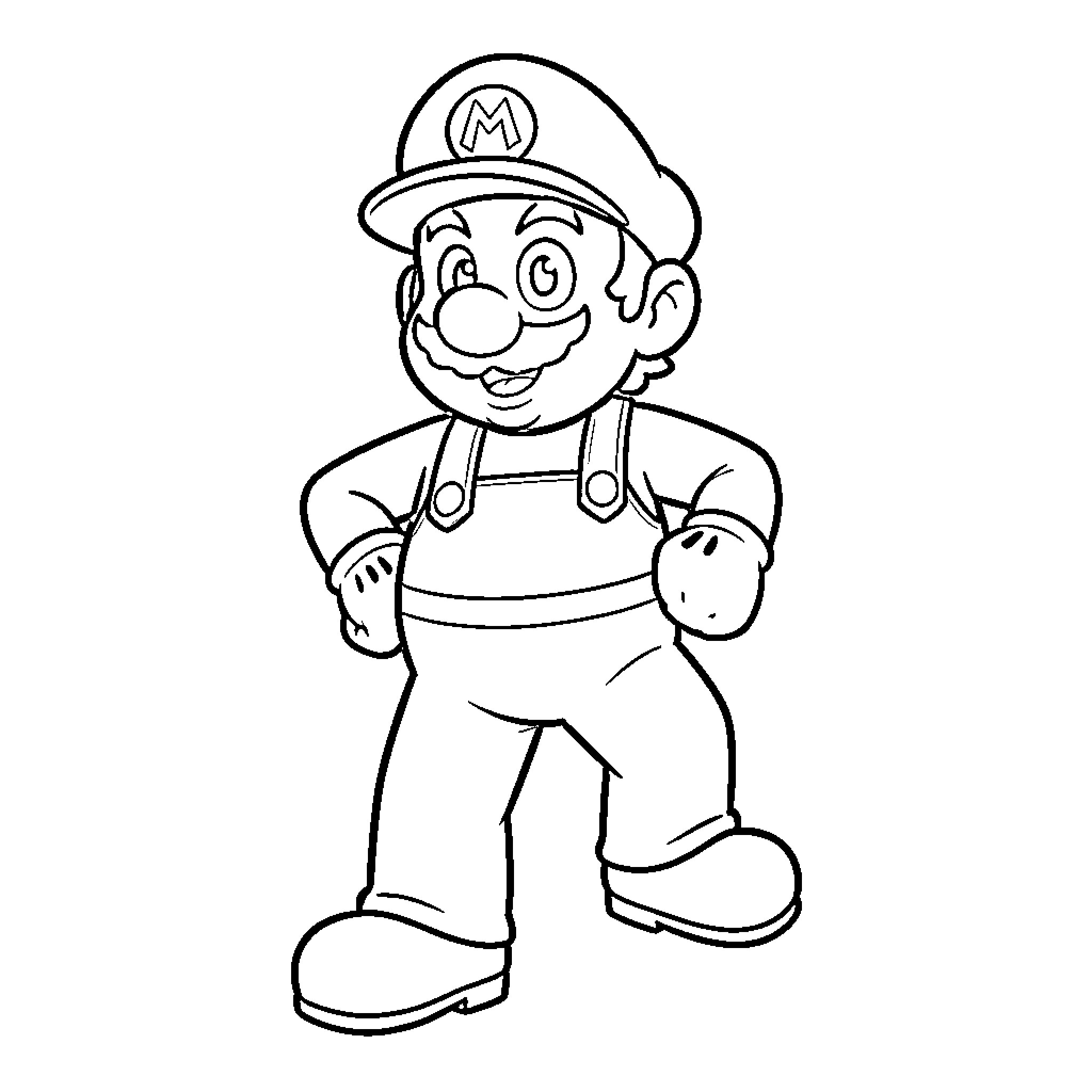 Mario in Cheerful Pose Coloring Page (free black-and-white line drawing printable PDF for all, from beginners to advanced learners, including children, teens, adults, and seniors)