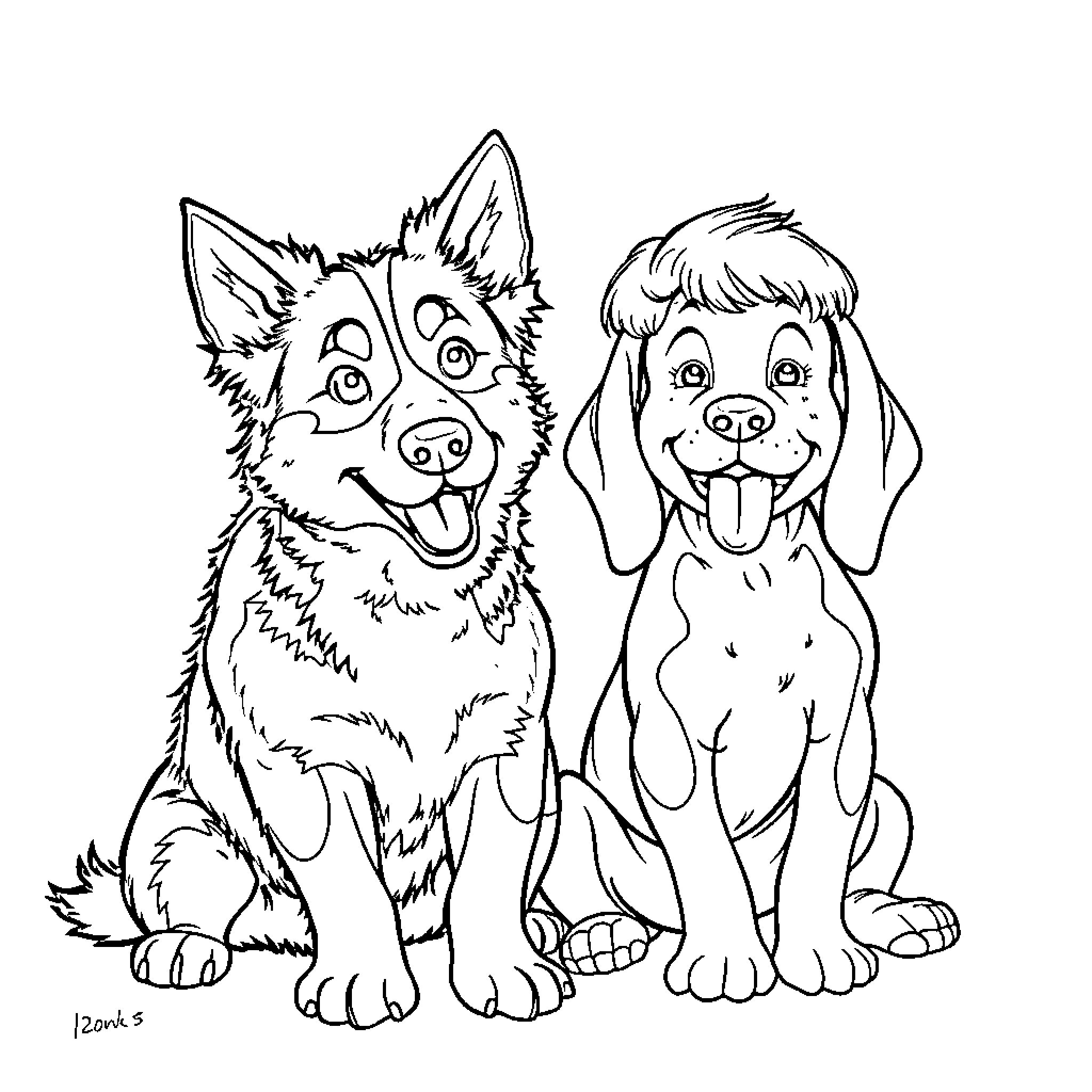 Dog and Puppy Playing Together Coloring Page (free black-and-white line drawing printable PDF for all, from beginners to advanced learners, including children, teens, adults, and seniors)
