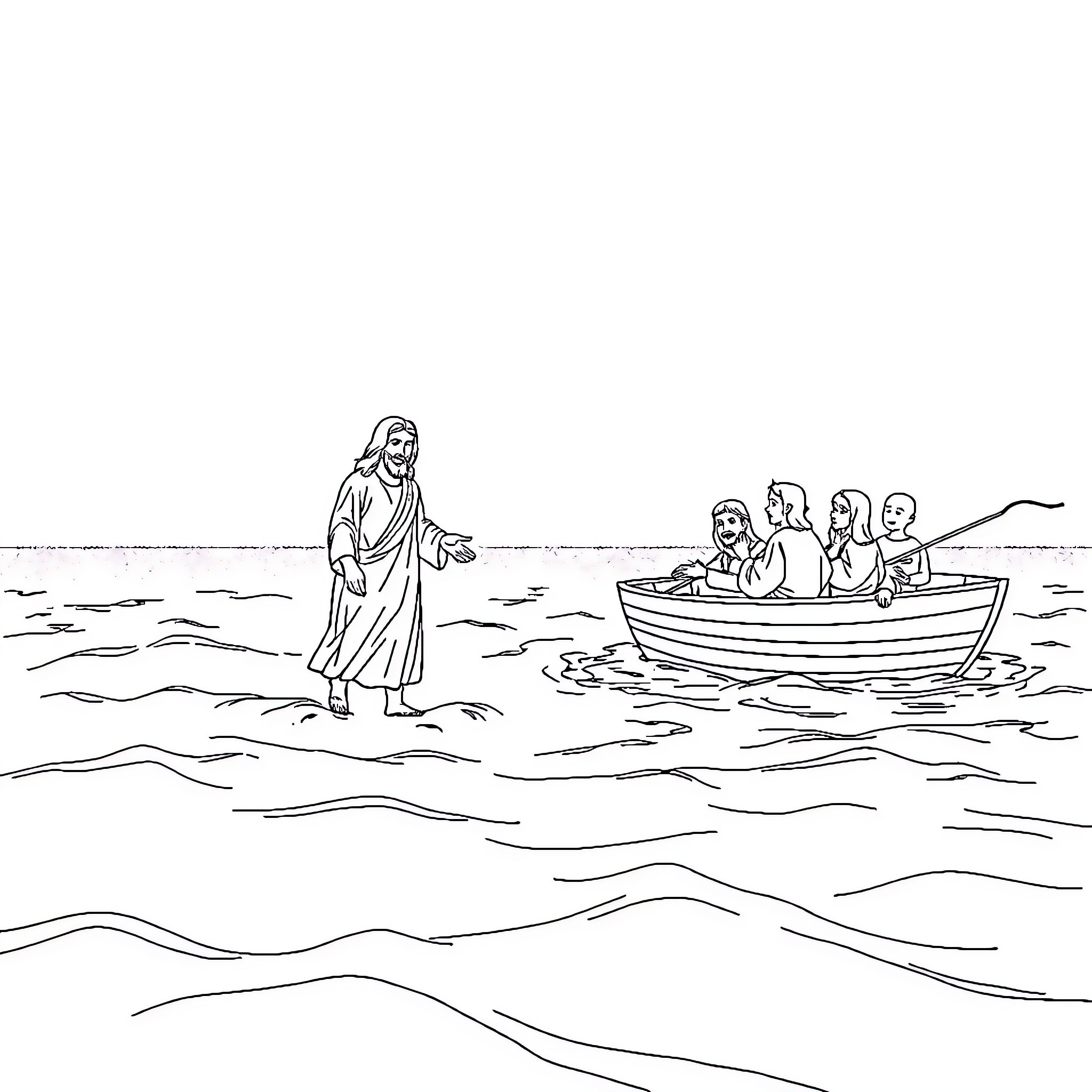Jesus walking on water with disciples in boat Coloring Page (free black-and-white line drawing printable PDF for all, from beginners to advanced learners, including children, teens, adults, and seniors)