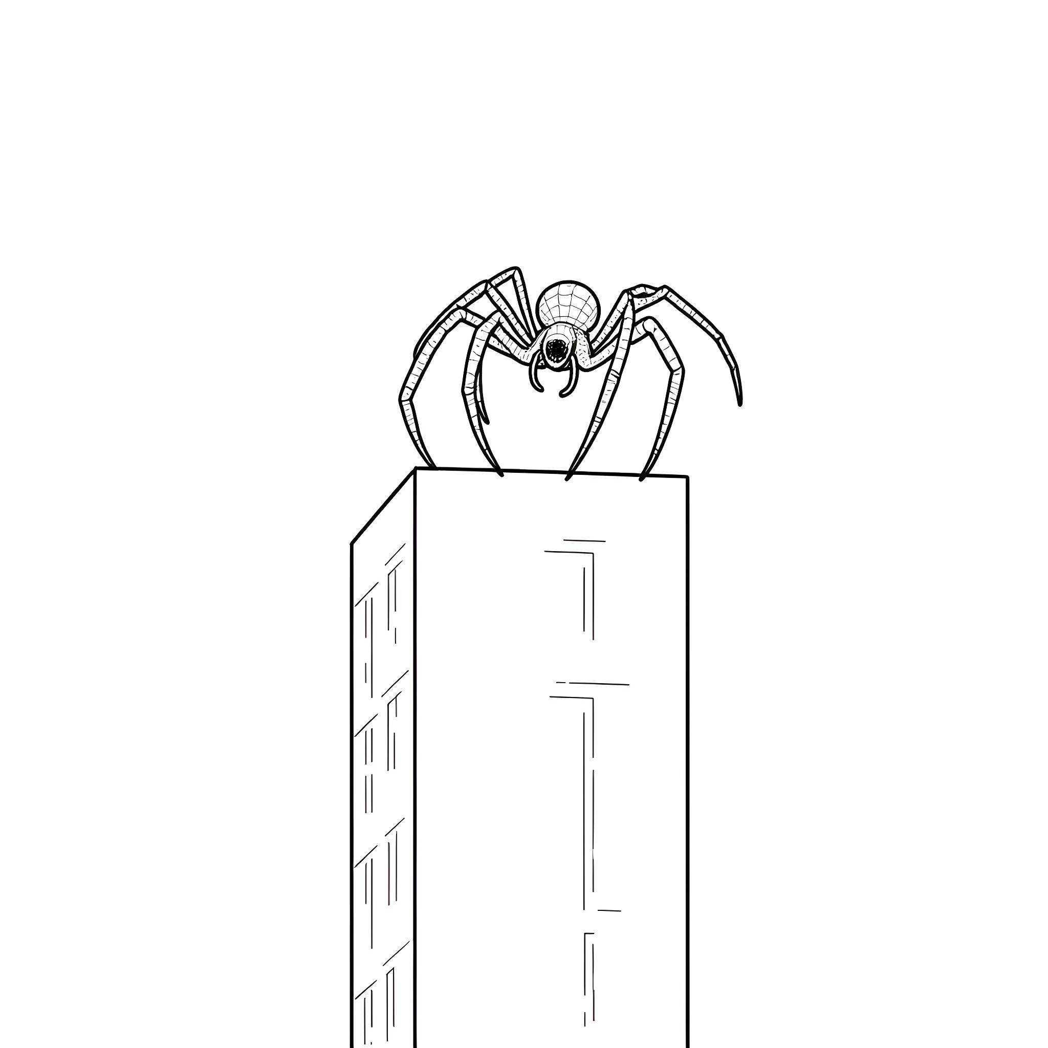 Spider climbing up a building Coloring Page (free black-and-white line drawing printable PDF for all, from beginners to advanced learners, including children, teens, adults, and seniors)