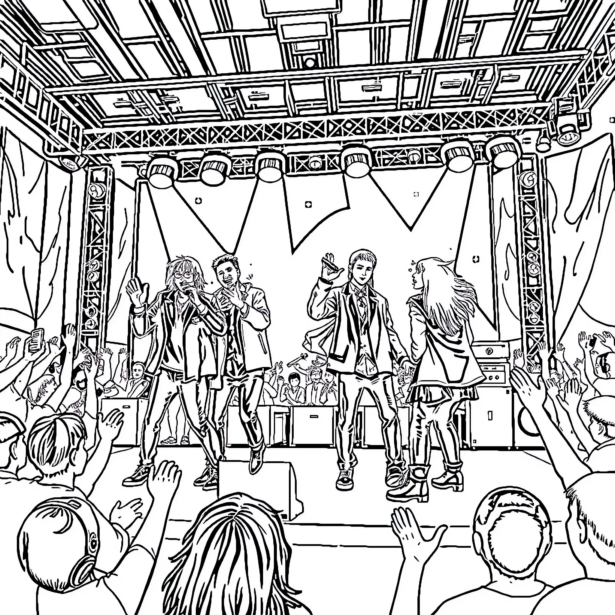 K-POP Demon Hunters Performing on Stage Coloring Page (free black-and-white line drawing printable PDF for all, from beginners to advanced learners, including children, teens, adults, and seniors)