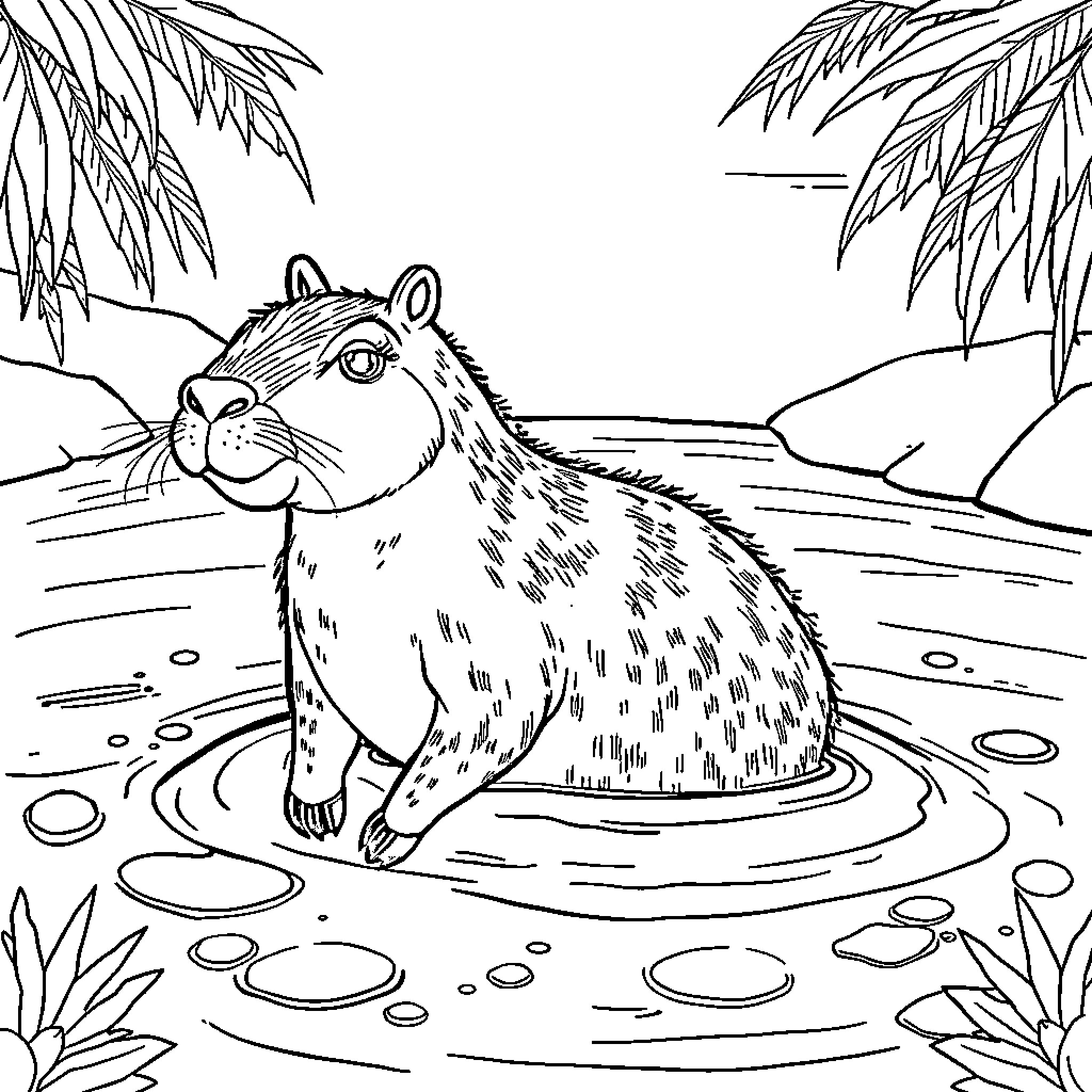 Capybara relaxing in a tropical pond Coloring Page (free black-and-white line drawing printable PDF for all, from beginners to advanced learners, including children, teens, adults, and seniors)
