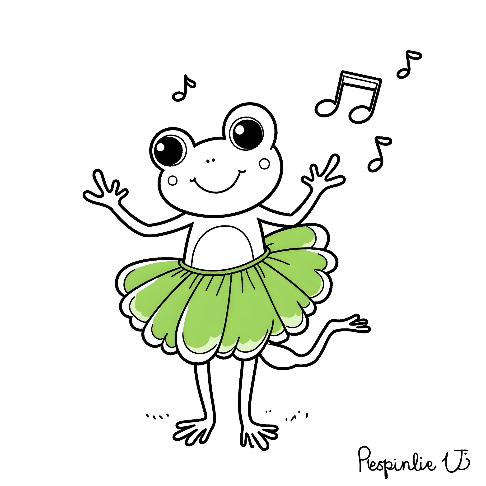 Frog dancing with musical notes Coloring Page (free black-and-white line drawing printable PDF for all, from beginners to advanced learners, including children, teens, adults, and seniors)