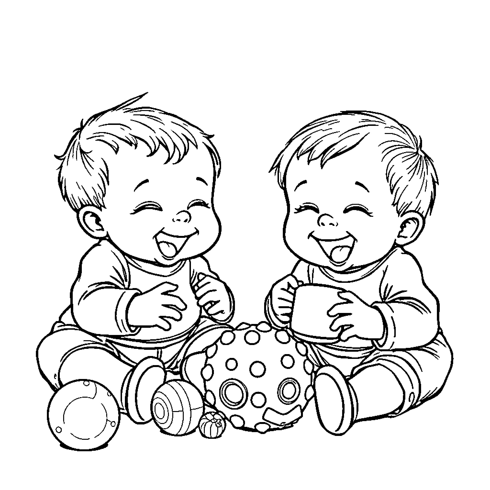 Baby boys playing happily with toys Coloring Page (free black-and-white line drawing printable PDF for all, from beginners to advanced learners, including children, teens, adults, and seniors)