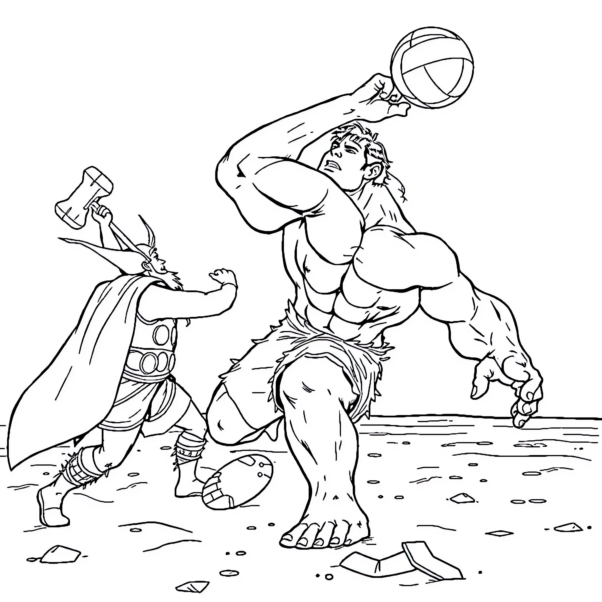 Hulk battling a mighty foe in an intense showdown Coloring Page (free black-and-white line drawing printable PDF for all, from beginners to advanced learners, including children, teens, adults, and seniors)