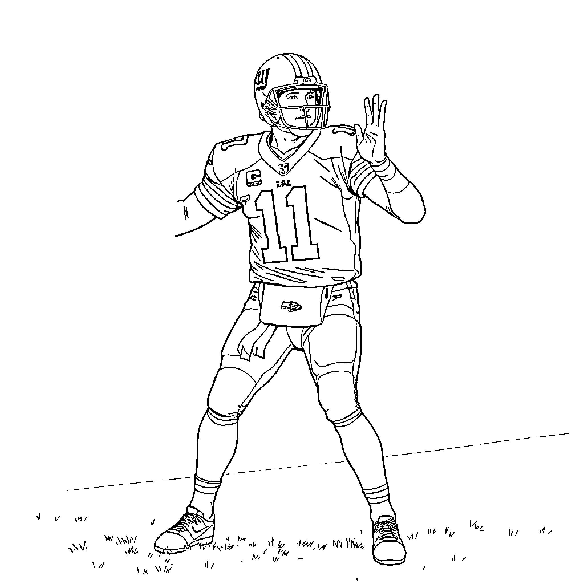 Eli Manning celebrating touchdown with hand gesture Coloring Page (free black-and-white line drawing printable PDF for all, from beginners to advanced learners, including children, teens, adults, and seniors)