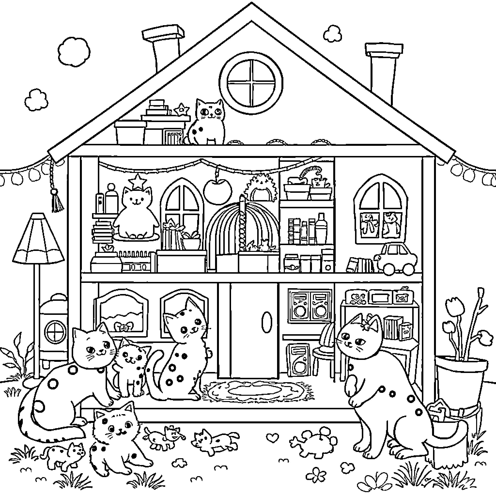 Gabby's Dollhouse featuring adorable kittens exploring a cozy home Coloring Page (free black-and-white line drawing printable PDF for all, from beginners to advanced learners, including children, teens, adults, and seniors)