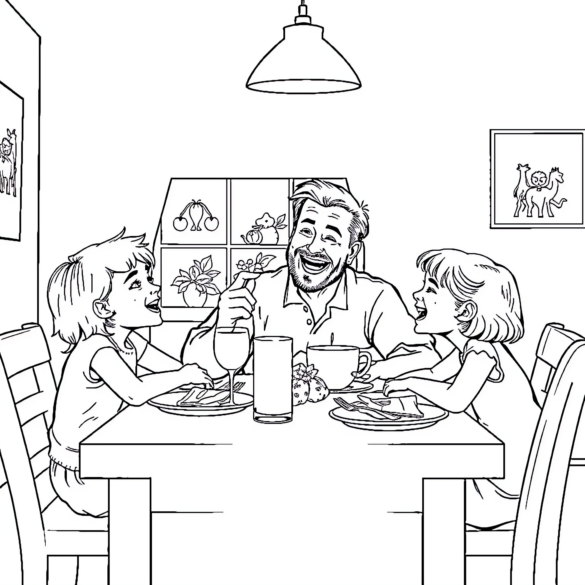 Dad enjoys a meal with his children Coloring Page (free black-and-white line drawing printable PDF for all, from beginners to advanced learners, including children, teens, adults, and seniors)
