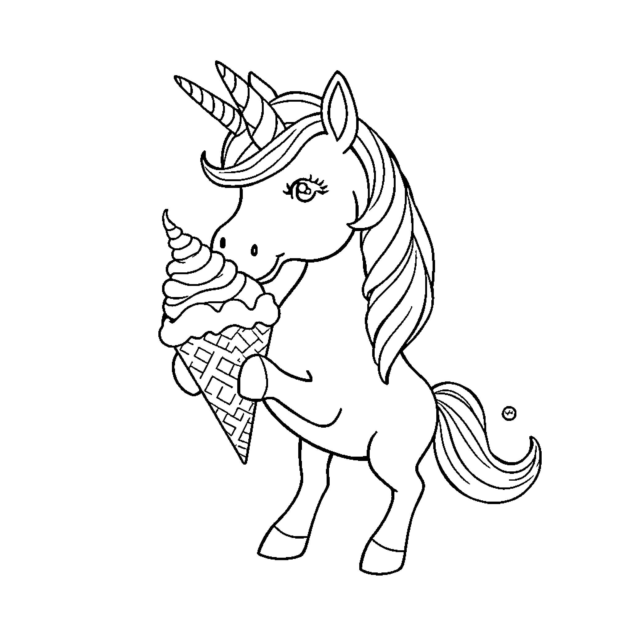 Unicorn Enjoying Ice Cream Cone Coloring Page (free black-and-white line drawing printable PDF for all, from beginners to advanced learners, including children, teens, adults, and seniors)