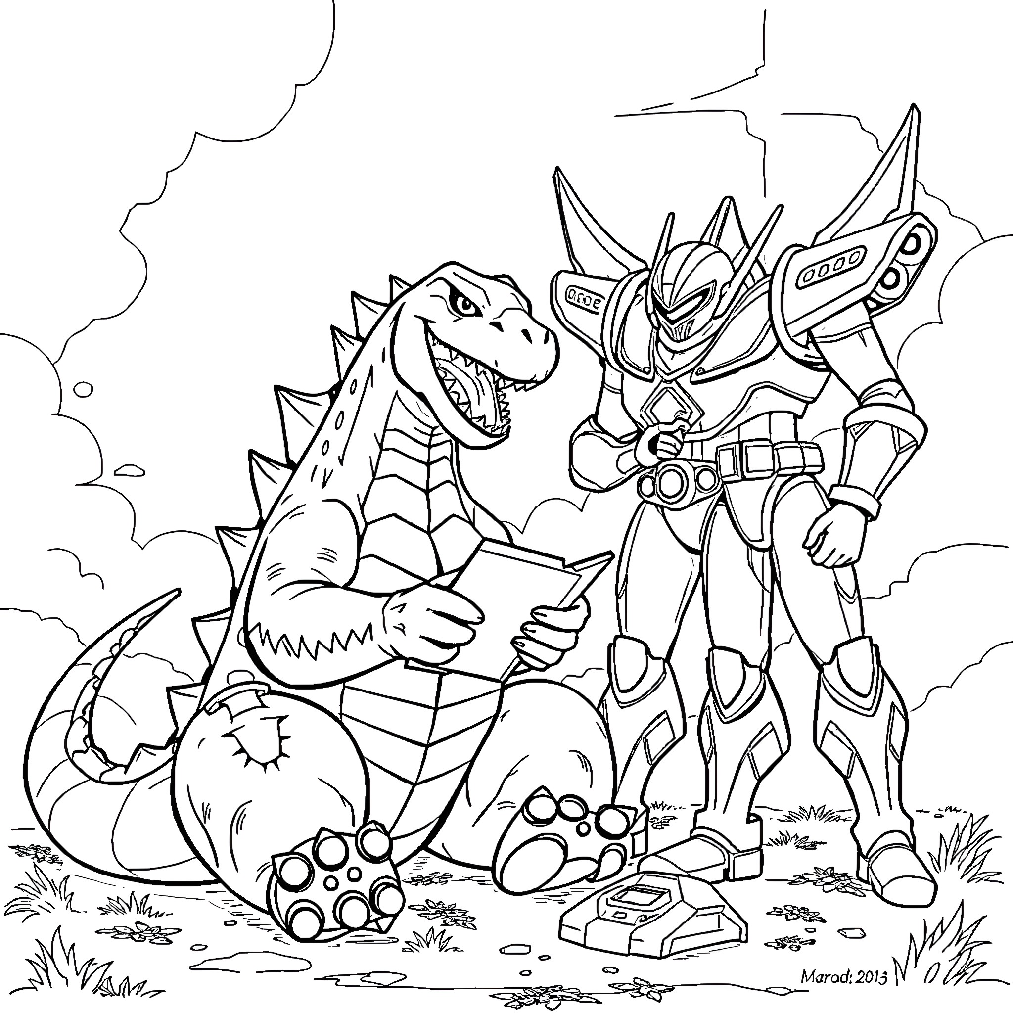 Godzilla facing off against a giant robot in a battle Coloring Page (free black-and-white line drawing printable PDF for all, from beginners to advanced learners, including children, teens, adults, and seniors)