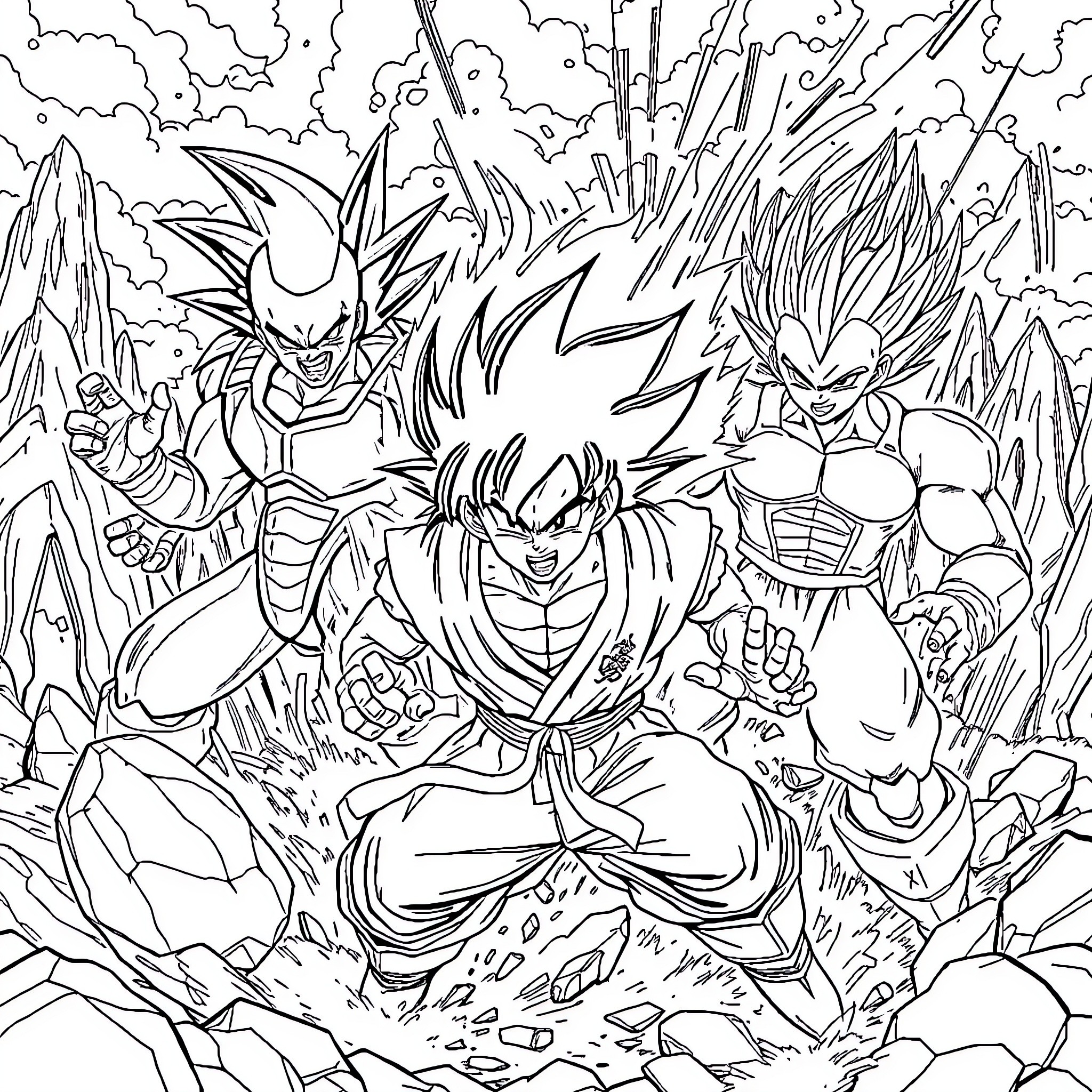 Goku and companions in an intense battle scene Coloring Page (free black-and-white line drawing printable PDF for all, from beginners to advanced learners, including children, teens, adults, and seniors)