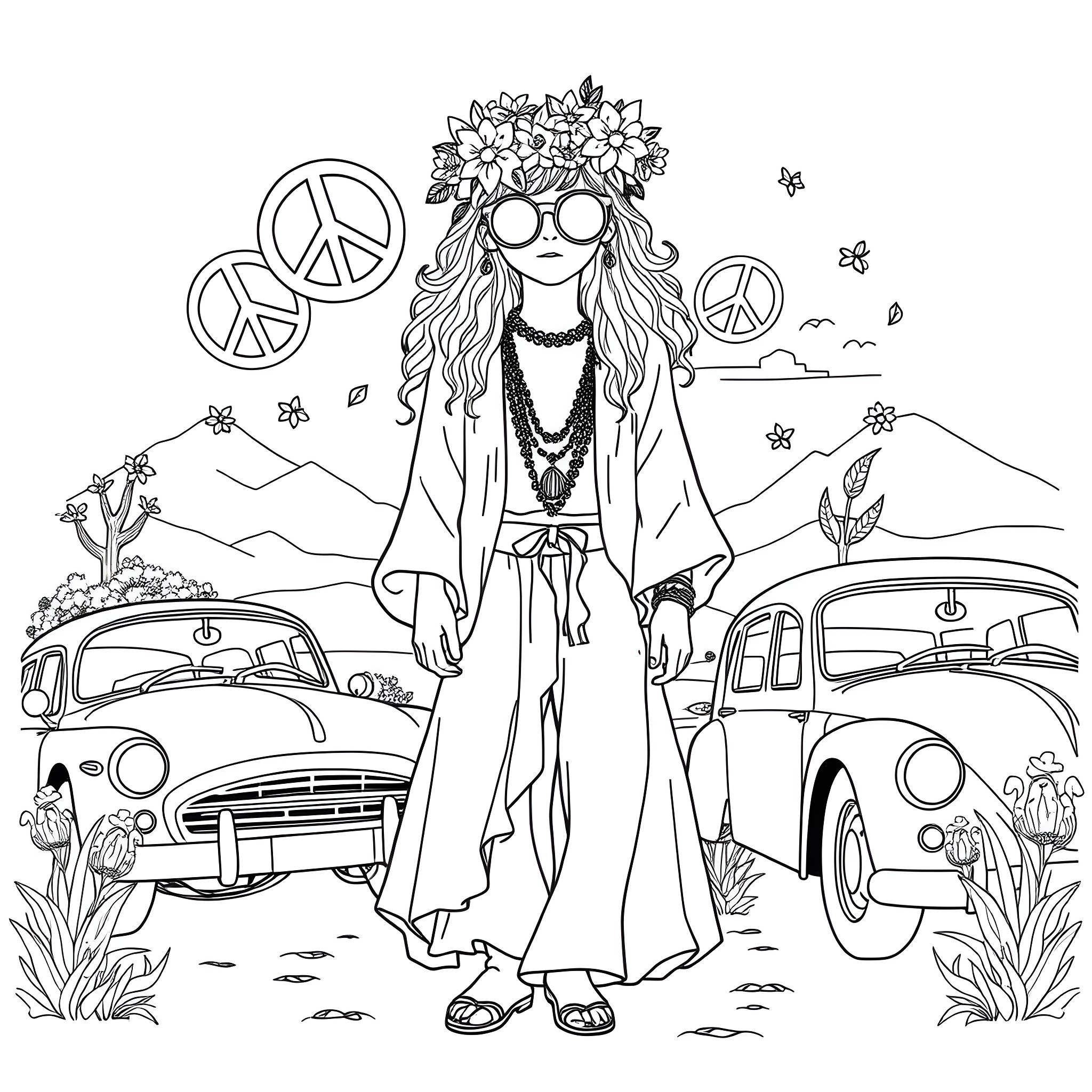 Hippie woman enjoying nature and retro cars Coloring Page (free black-and-white line drawing printable PDF for all, from beginners to advanced learners, including children, teens, adults, and seniors)