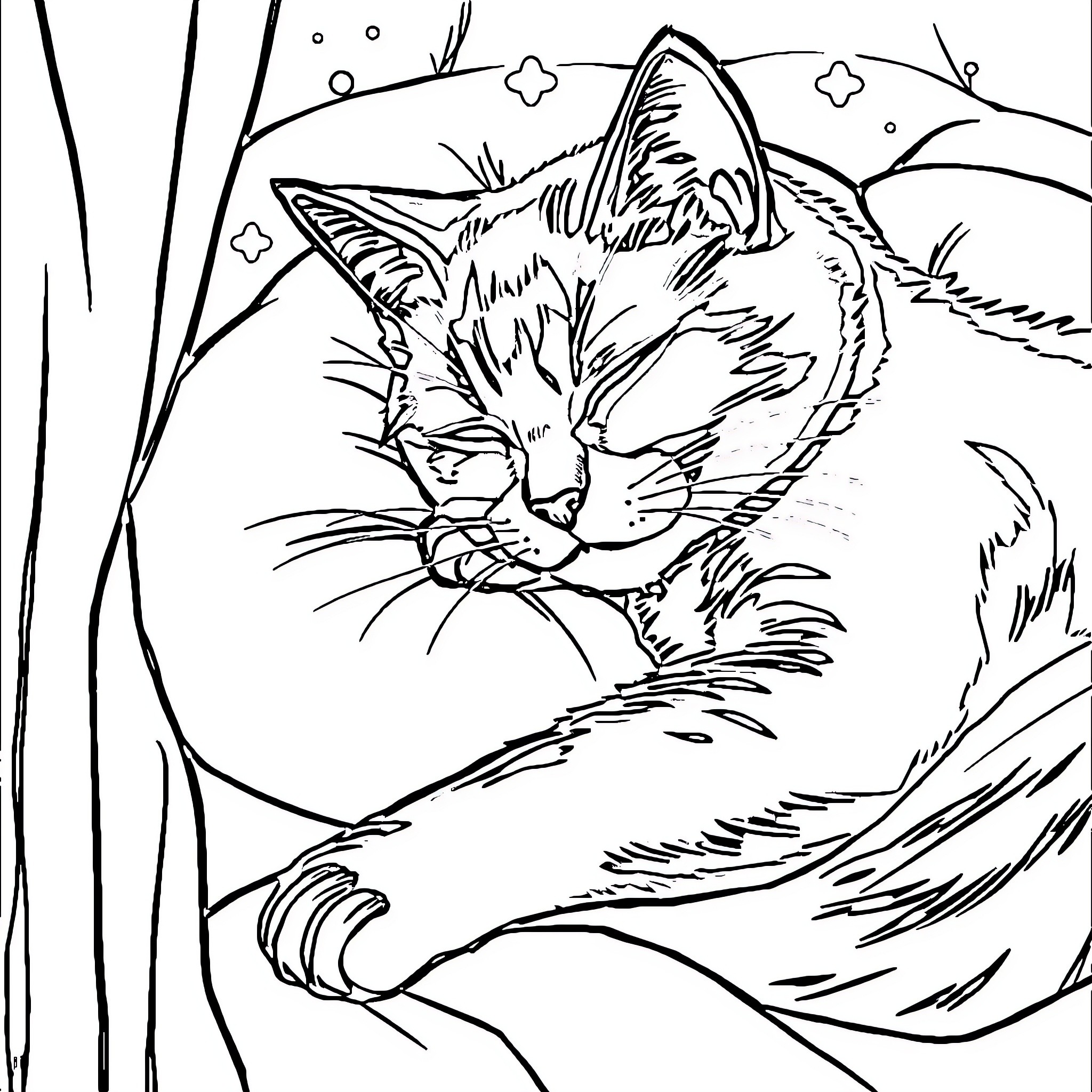 Cat resting peacefully in a dreamlike setting Coloring Page (free black-and-white line drawing printable PDF for all, from beginners to advanced learners, including children, teens, adults, and seniors)