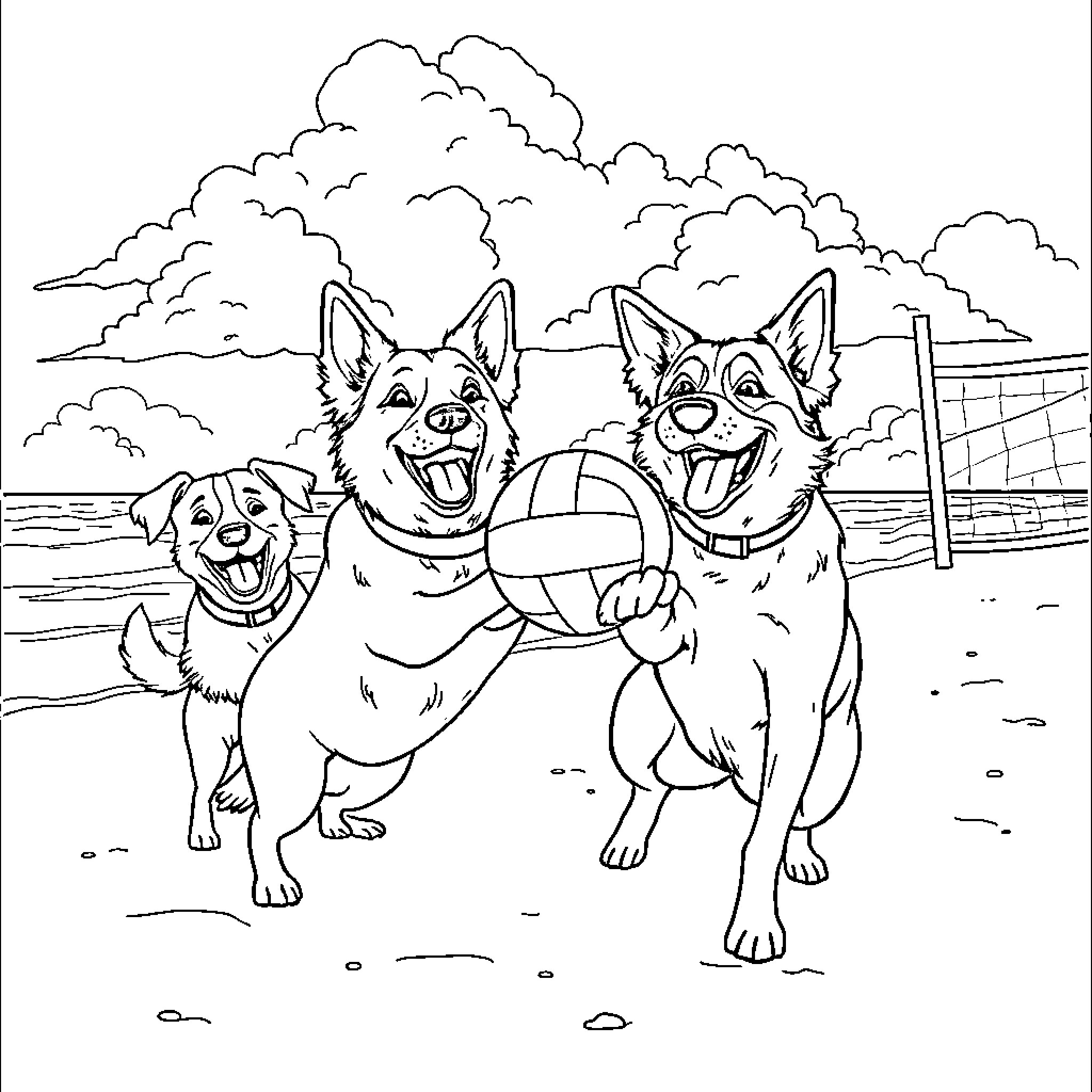 Dogs playing joyfully with volleyball in outdoor setting Coloring Page (free black-and-white line drawing printable PDF for all, from beginners to advanced learners, including children, teens, adults, and seniors)