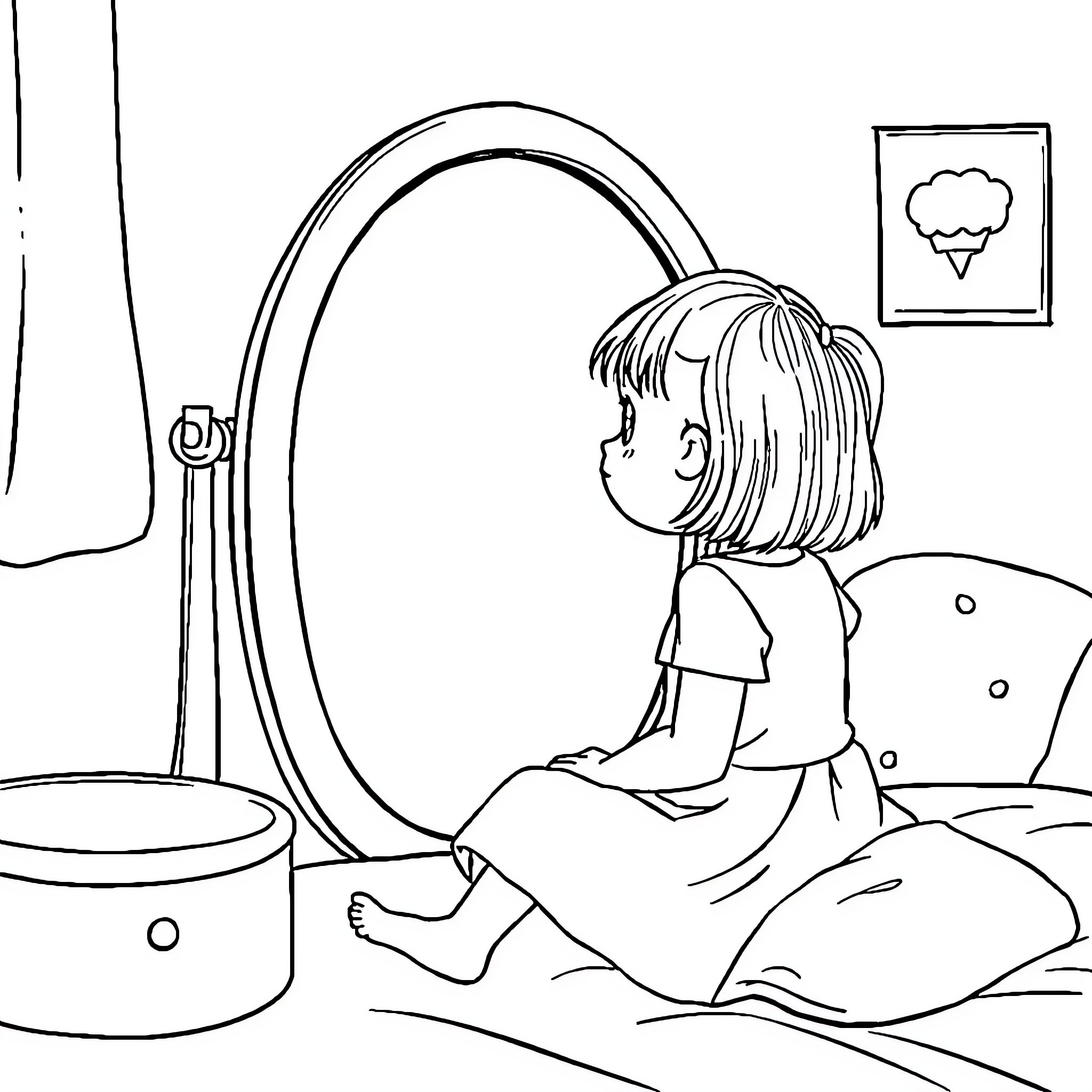 Child looking at herself in the mirror Coloring Page (free black-and-white line drawing printable PDF for all, from beginners to advanced learners, including children, teens, adults, and seniors)