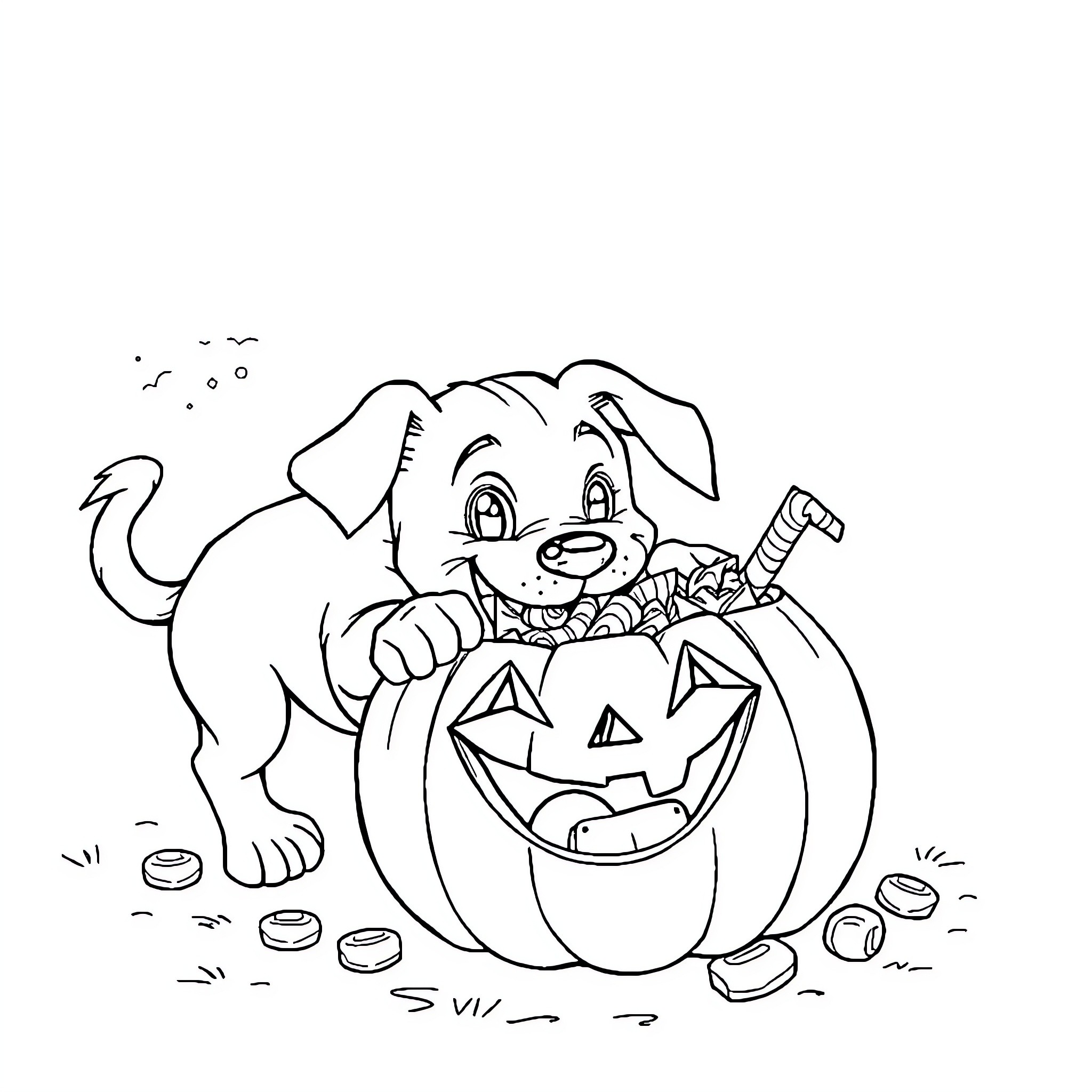 Dog with a Halloween pumpkin basket Coloring Page (free black-and-white line drawing printable PDF for all, from beginners to advanced learners, including children, teens, adults, and seniors)