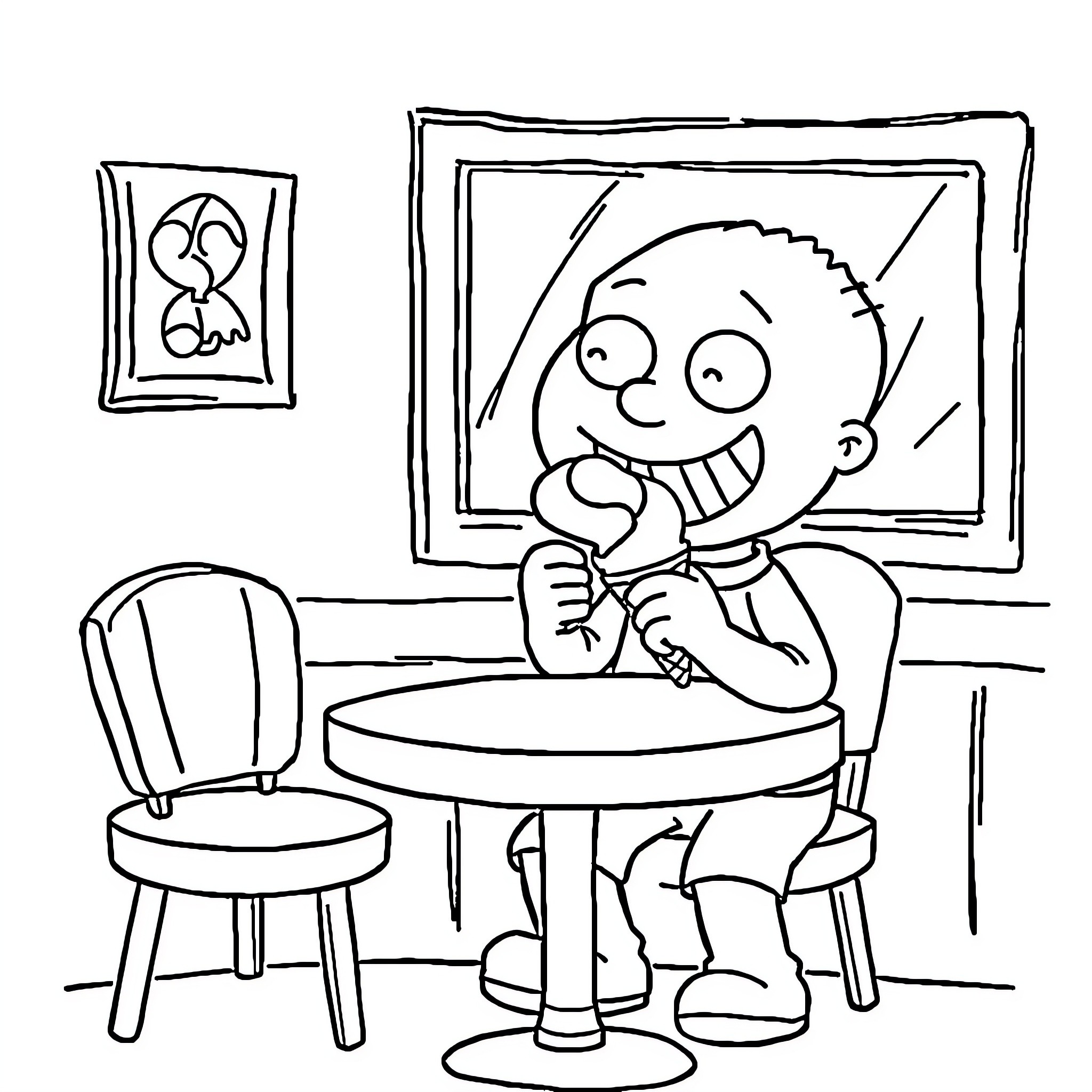 Stewie Happily Drawing at Table Coloring Page (free black-and-white line drawing printable PDF for all, from beginners to advanced learners, including children, teens, adults, and seniors)